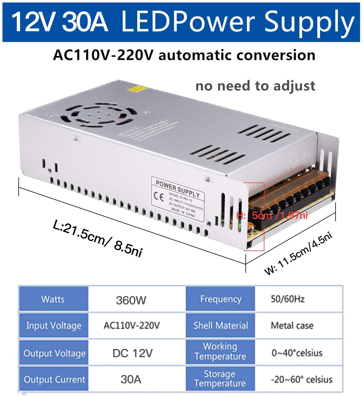 GESD Fuente de alimentación DC 12V 30A 360W Universal conmutación regulada Convertidor AC a DC AC110V/220V (SMPS) Transformador Adaptador para tiras de luz LED, sistema de seguridad de cámara de