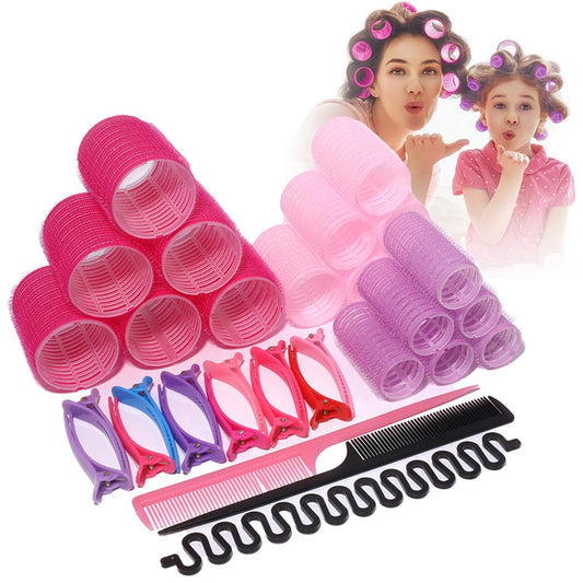 Tubos para Rizar Cabello, 33PCS Rizador de pelo sin calor, tubo de plástico rizador, autodisparador para pelo largo, medio y corto, 3 tamaños. (Rosa03)