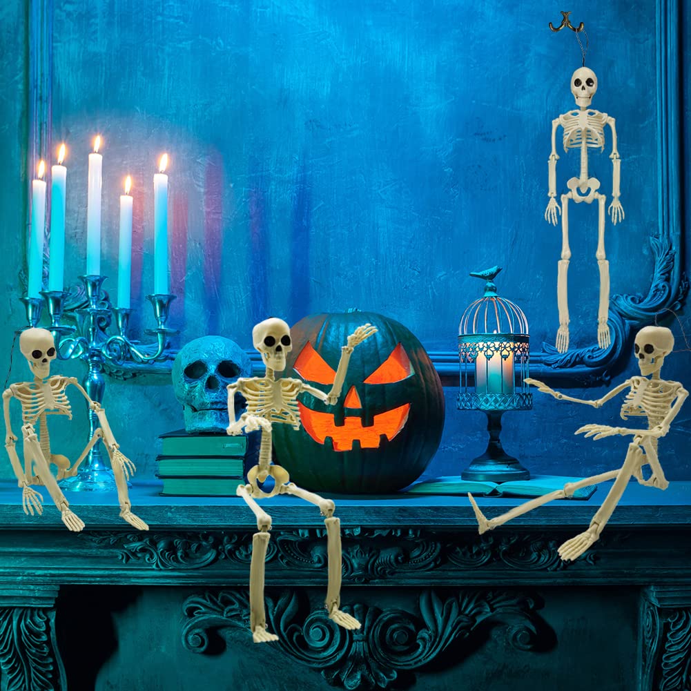 CAMIRUS - 6 decoraciones de esqueleto de Halloween, de cuerpo completo de 16 pulgadas, pequeños huesos de plástico con articulaciones móviles posibles para Halloween, fiestas en interiores y
