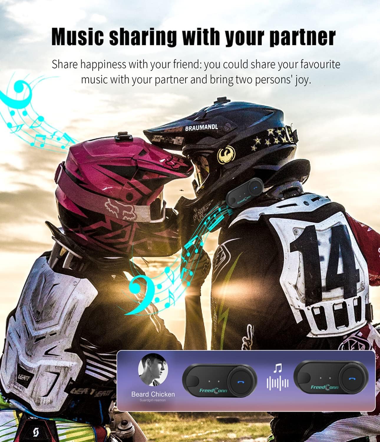 FreedConn TCOM VB Auriculares Bluetooth para Casco de Motocicleta, 2 Conductores 800 M compartiendo música, Sistema de comunicación de intercomunicador Impermeable/FM/Siri/BT5.0/micrófono 2 en 1