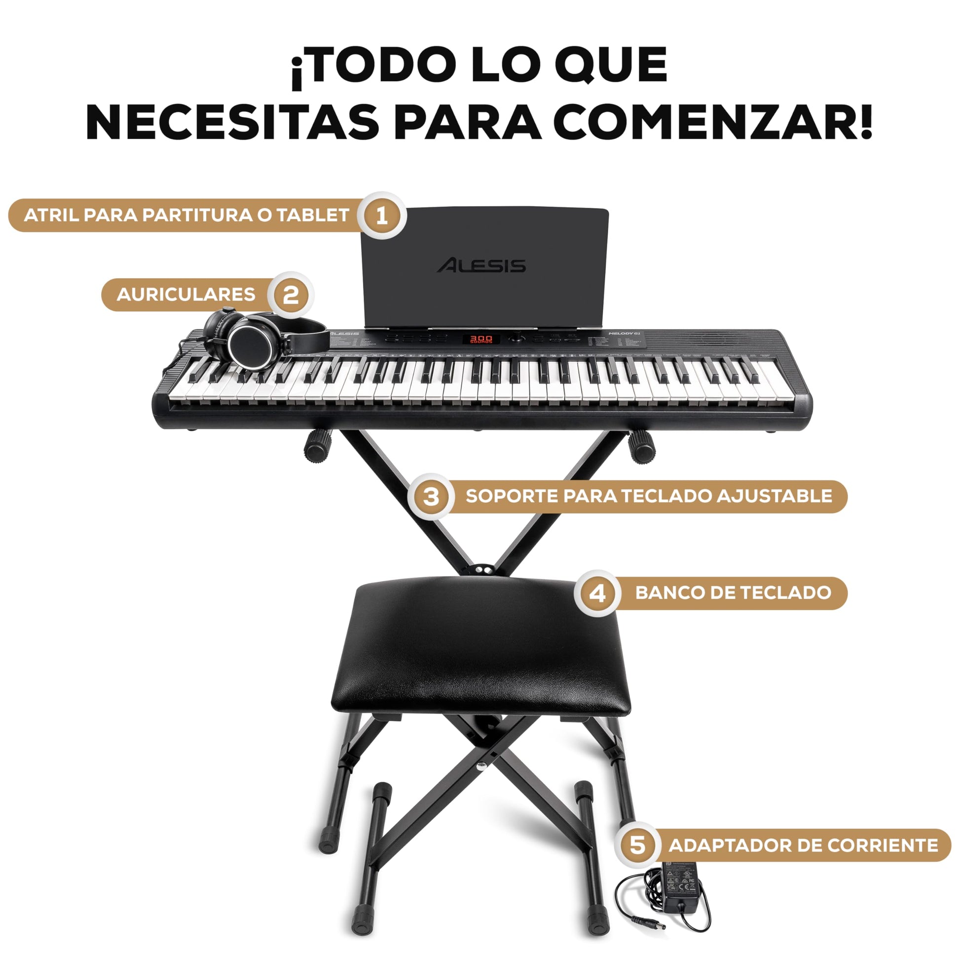 Alesis Melody 61 MK4 Teclado Piano Eléctrico para Principiantes con 61 Teclas, Altavoces, Soporte, Banqueta, Auriculares, 300 Sonidos y Lecciones de Música