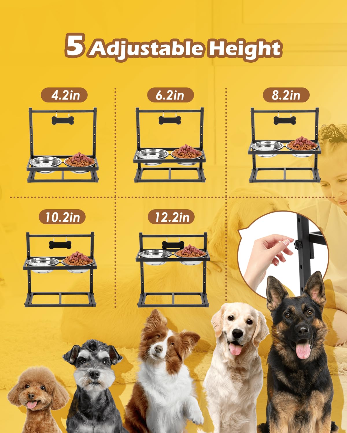 Cuencos elevados para perros con alimentador lento, soporte de tazón elevado de altura ajustable con 2 cuencos de acero inoxidable de 1200 ml, a prueba de derrames, cuencos para perros pequeños, medianos y grandes