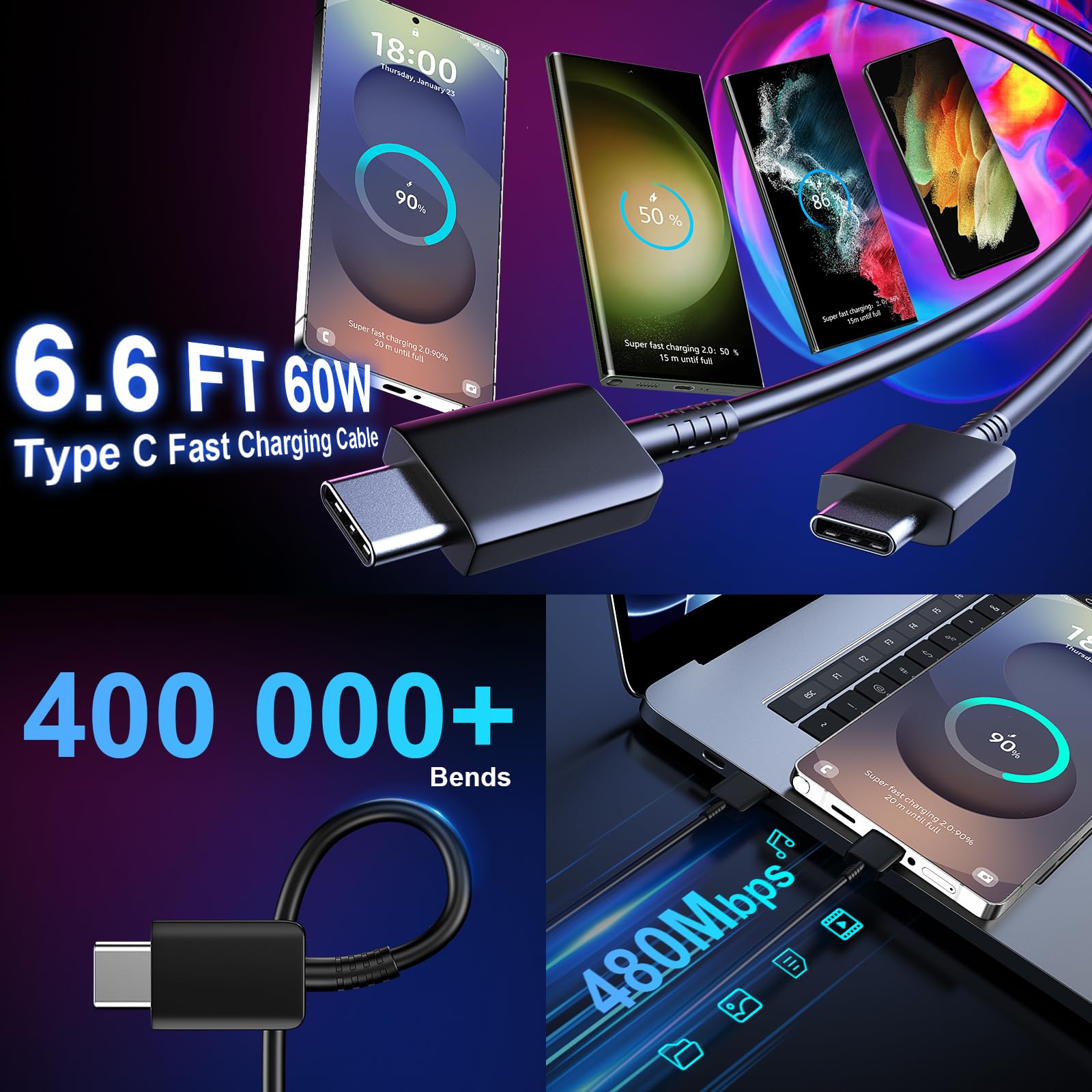 Cargador rápido USB C Tipo C de 25 W, Carga súper rápida, Cargador de teléfono Android con Cable de 6.5 pies para Galaxy S23 Ultra/S23/S23+/S22/S22 Ultra/S22+/S21