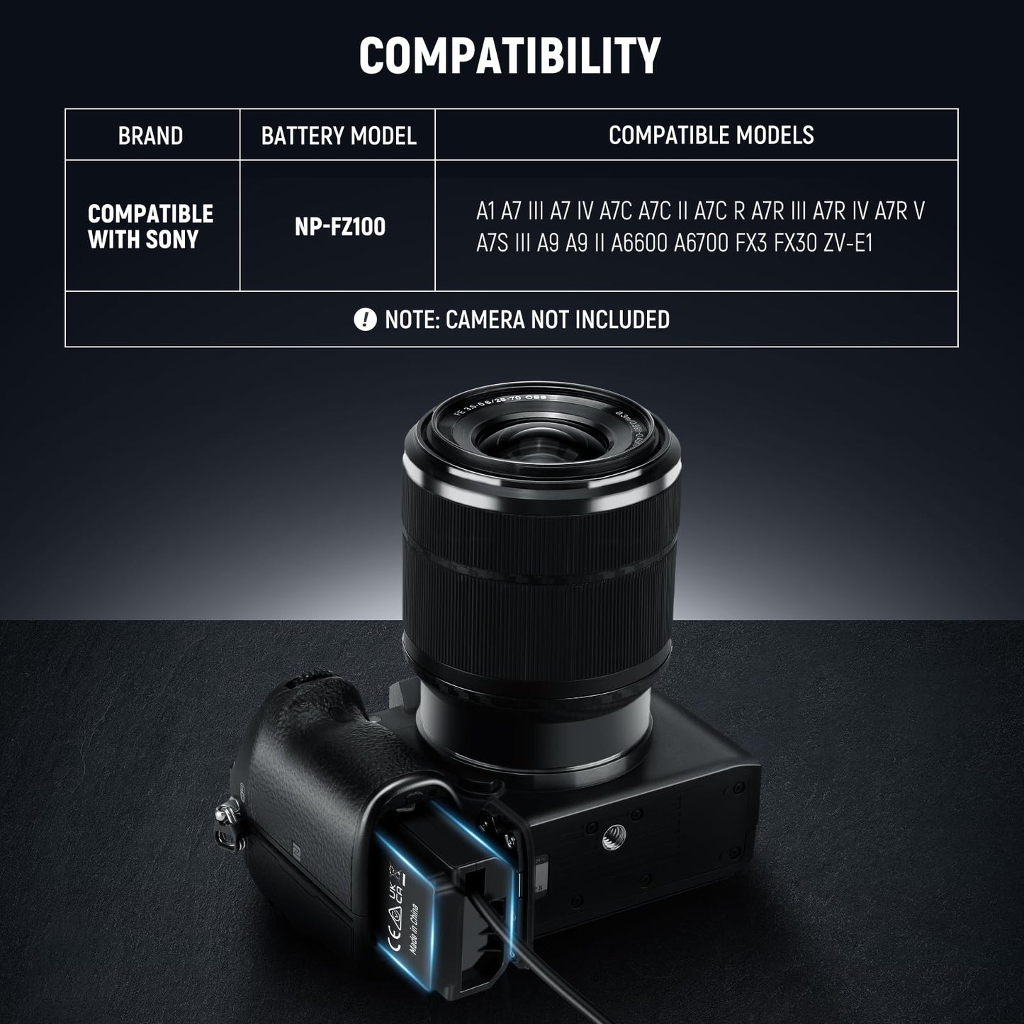 NEEWER D Tap to NP-FZ100 Batería Simulada con Cable para V Mount Batería, Fuente de Alimentación Estable para Sony ZV-E1 A1 A7 III A7 IV A7C II R III IV V A7S III A9 II A6600 A6700 FX3 FX30, VP-FZ100