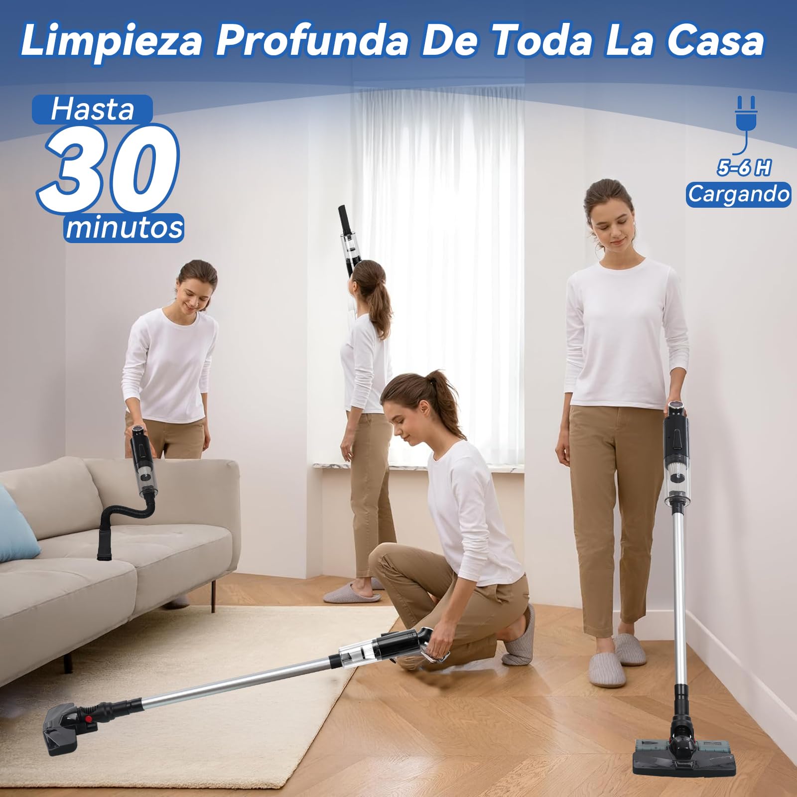 Aspiradora Inalámbrica,15000Pa Aspiradora Vertical 5 en 1 con Depósito de Agua,Filtro HEPA,Aspiradora de Mano con Luz LED,Batería de 3*2000 mAh,Apta para Todo Tipo de Suelos,Pelos de Mascotas,Sofá