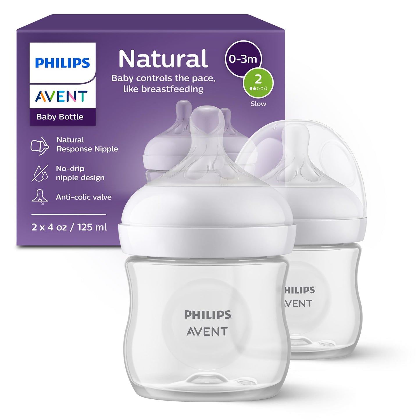 Biberón Philips AVENT Transparente con Pezón de Respuesta Natural 4 Onzas 2 Unidades