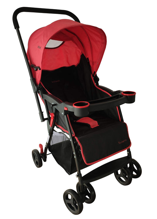 INFANTI | Carriola para Bebe SWIVEL Rojo | Carreola de viaje - Carriola de Viaje Plegable - Carrito para Bebe con Mango Reversible | Cosas para Bebes 6 Meses a 15kg | Incluye 2 Portavasos