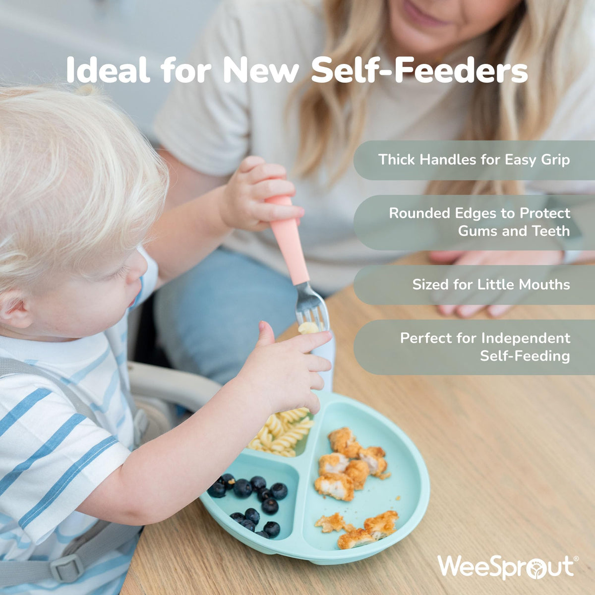 WeeSprout - Utensilios para niños pequeños, 3 tenedores y 3 cucharas, acero inoxidable 18/8 y silicona de grado alimenticio, asas gruesas de fácil agarre, longitud perfecta para nuevos