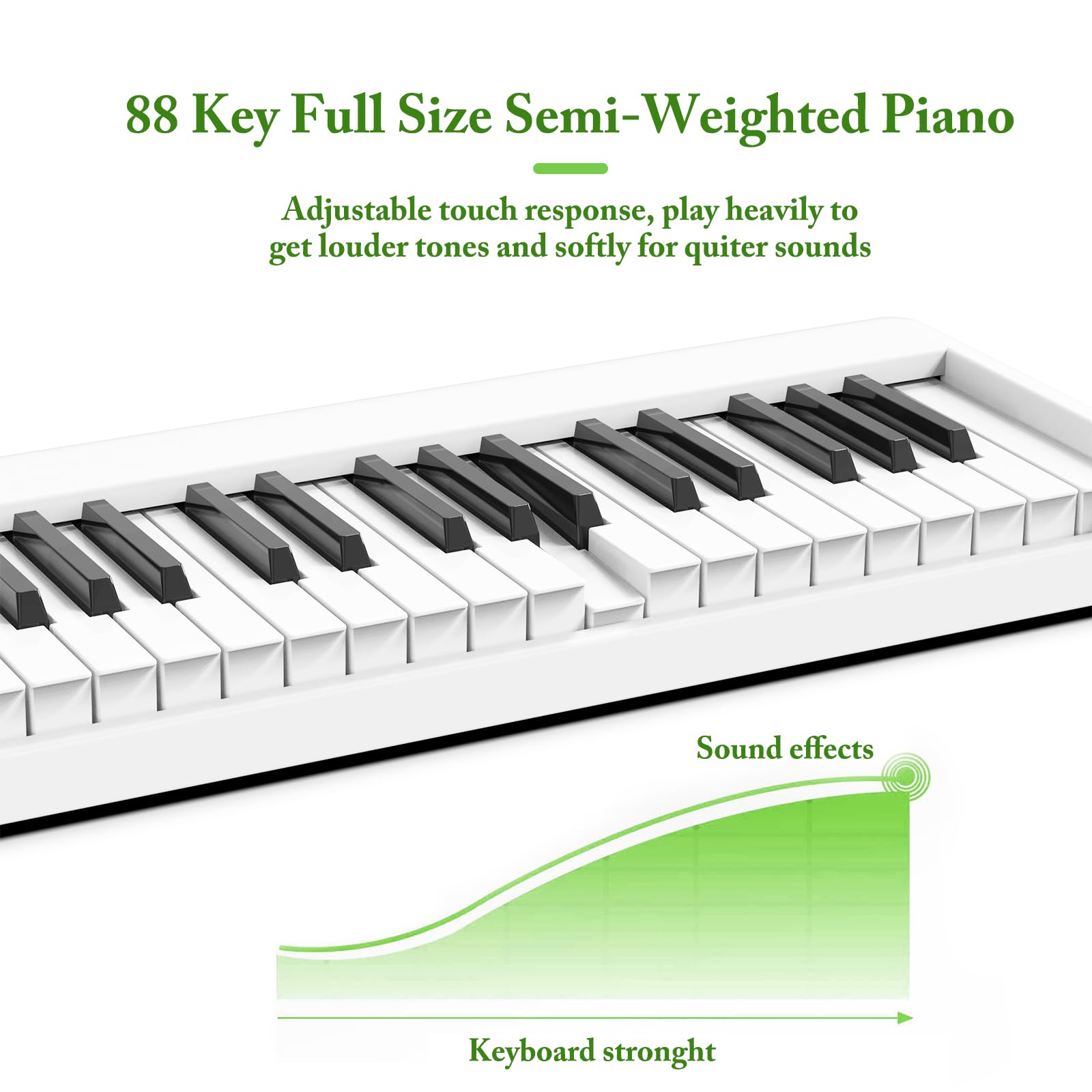 FVEREY Teclado de piano plegable de 88 teclas, teclado semipesado de tamaño completo, teclado musical portátil de piano de viaje, soporte MIDI Bluetooth piano eléctrico para principiantes, blanco
