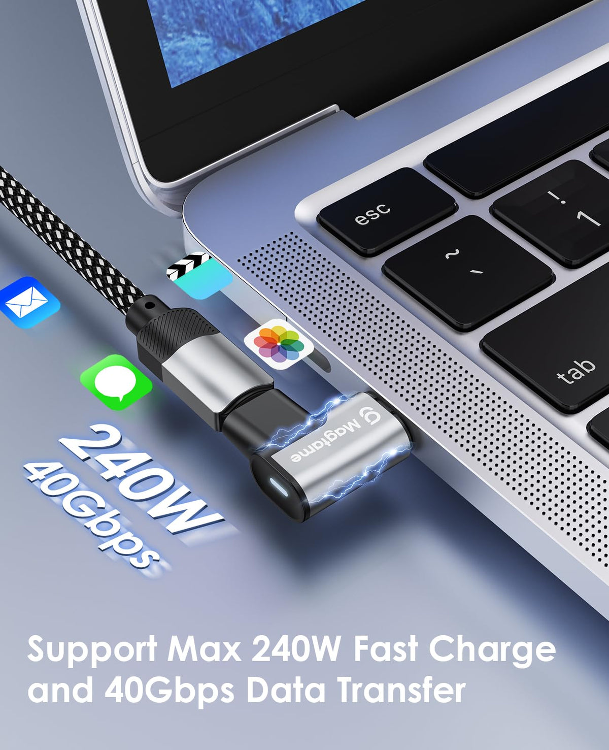 Adaptador Magnético USB C Magtame Negro 90 Grados Carga Rápida para Laptop