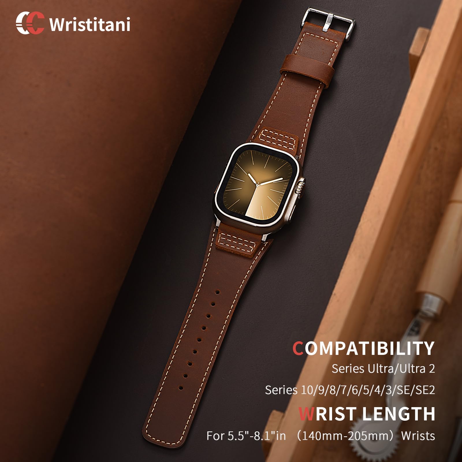 Correa Cuero Wristitani Marrón Oscuro Hebilla Plateada Compatible Apple Watch para Hombre