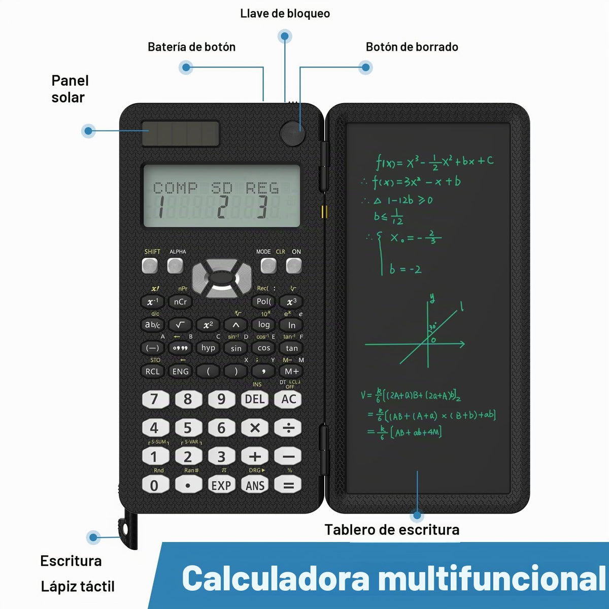 Calculadora Científica ROATEE Negra con Tableta de Notas Solar y Batería Pantalla de 2 Líneas Plegable para Estudiantes