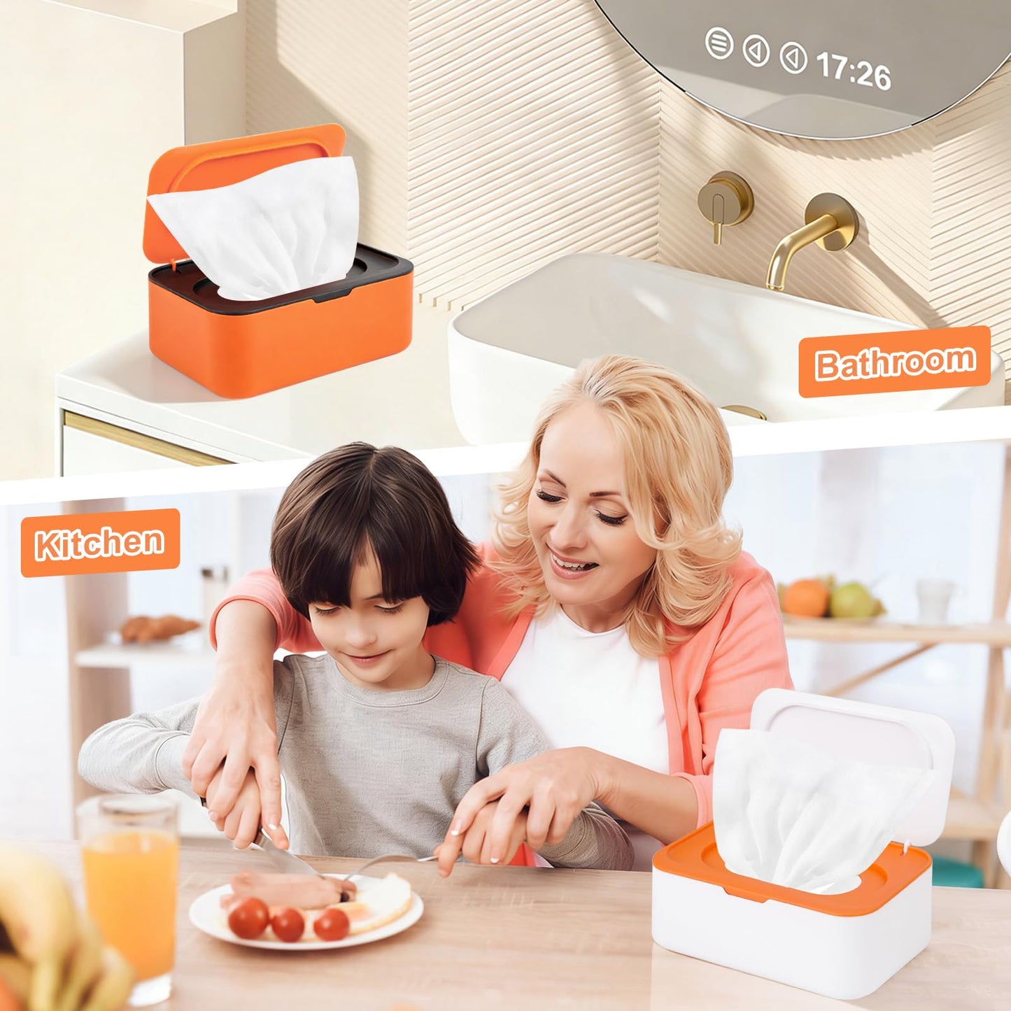 Dispensador de toallitas para bebé, caja reutilizable para toallitas húmedas y bolsa portátil para toallitas húmedas, contenedor recargable con tapa para baño, bebé, cuarto de bebé, cocina, oficina, viajes (naranja)
