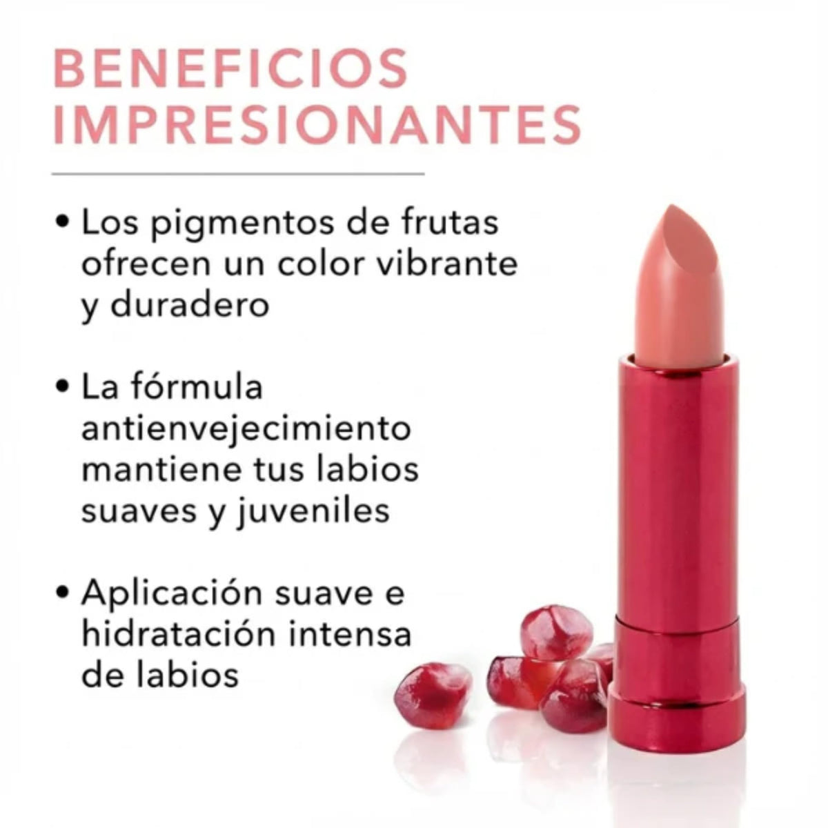 Labial Antiedad Pigmentado con Frutas, Tono Calendula, Hidratante con Aceite de Granada, Manteca de Cacao y Karité, Acabado Satinado