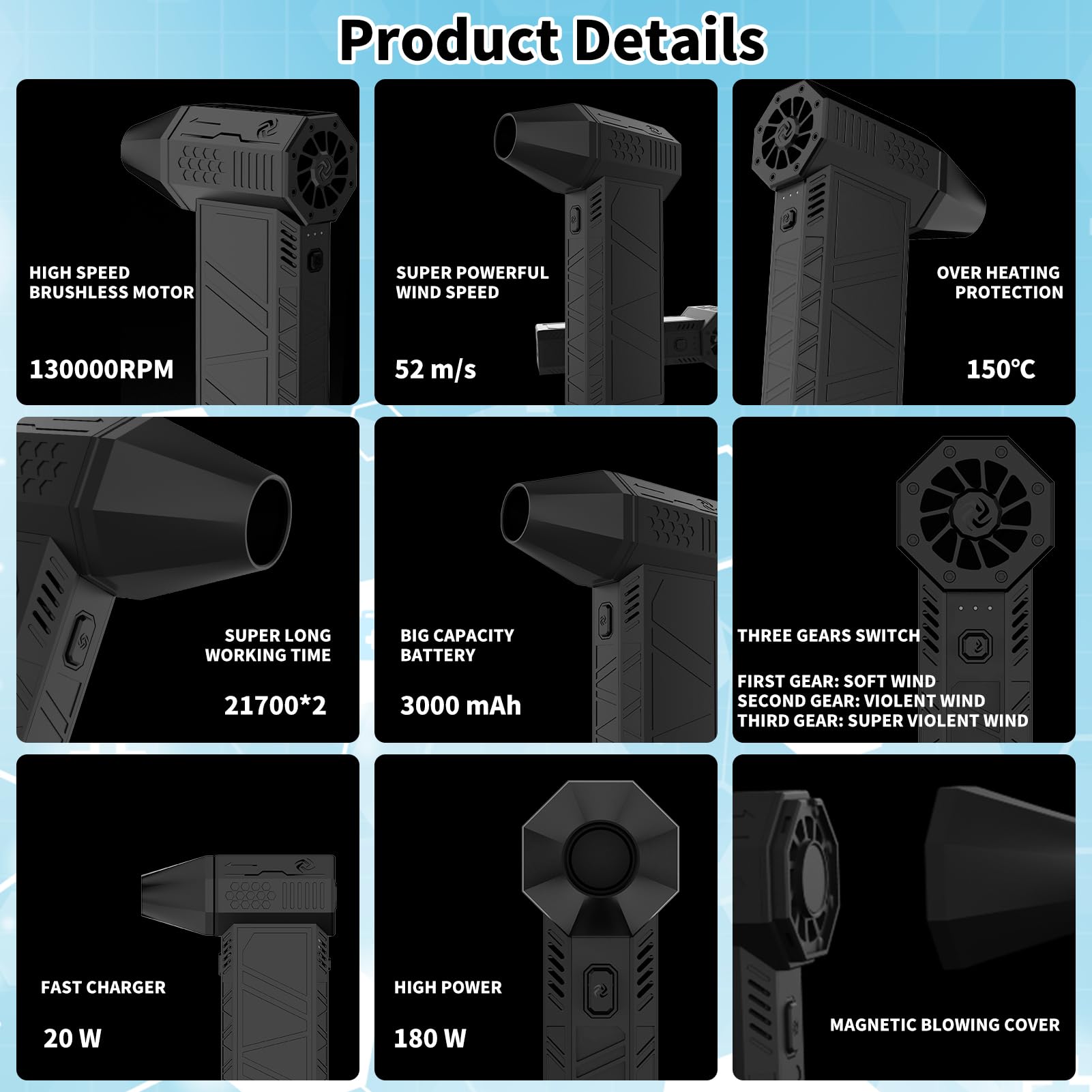 Jadeshay Mini Soplador Jet Dry, 130000 RPM de Potente Motor sin Escobillas, Soplador Turbo Jet Eléctrico Portátil Inalámbrico de Mano, Adecuado para la Limpieza de Automóviles, Teclados o Campamentos