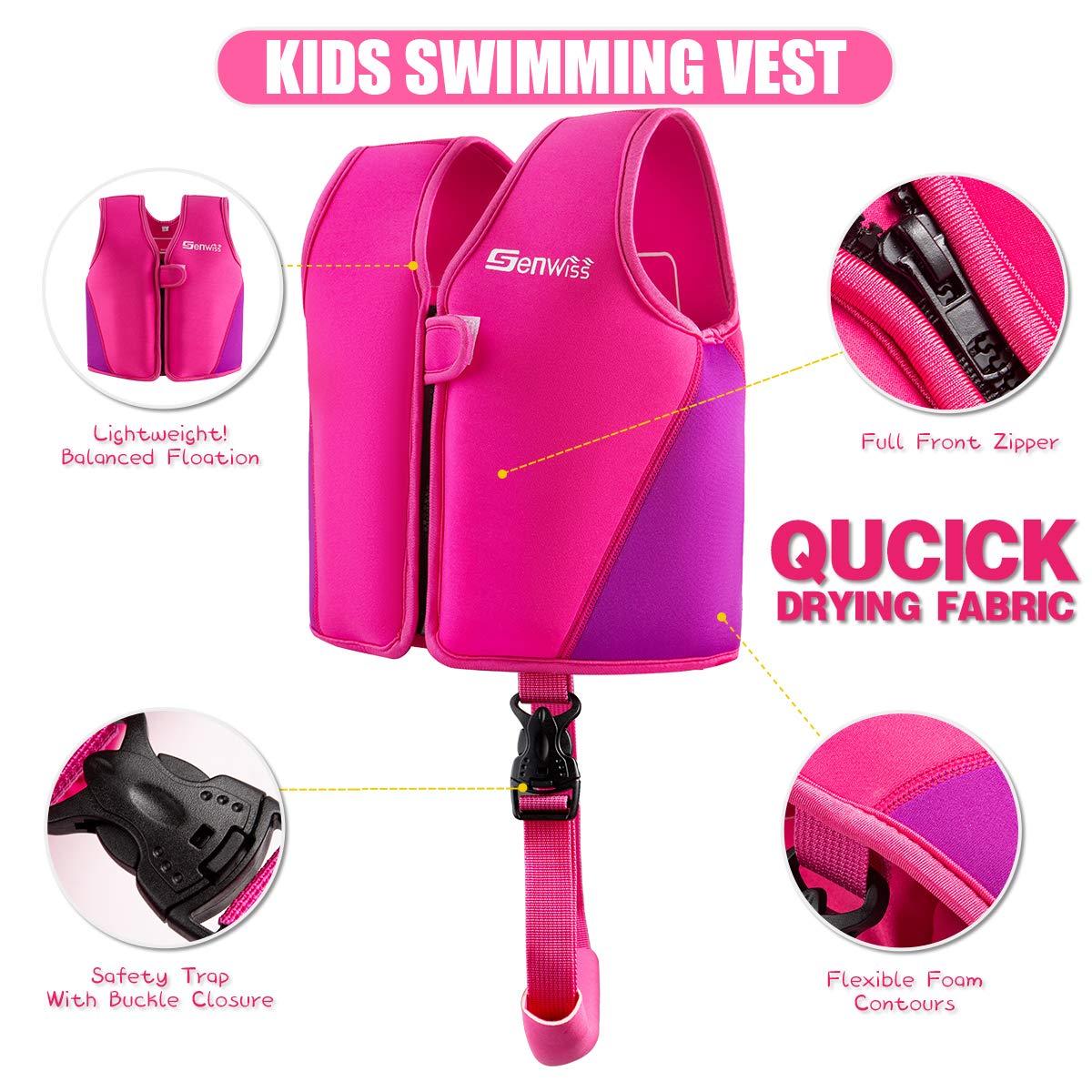 Genwiss Baby Girl Swim Vest Toddler Swim Vest for Age 18 Months - 2 Years Baby Toddler Fit 20-28 lbs, Size Small, Pink