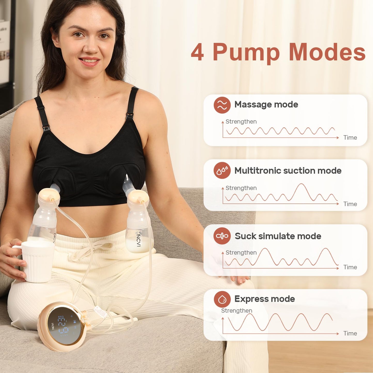 NCVI 8100 - Extractor de leche eléctrico doble con bridas de silicona de 24/28 mm, adecuado para pezones grandes, bomba de lactancia de leche antireflujo con 4 modos | 9 niveles, motor de mano y