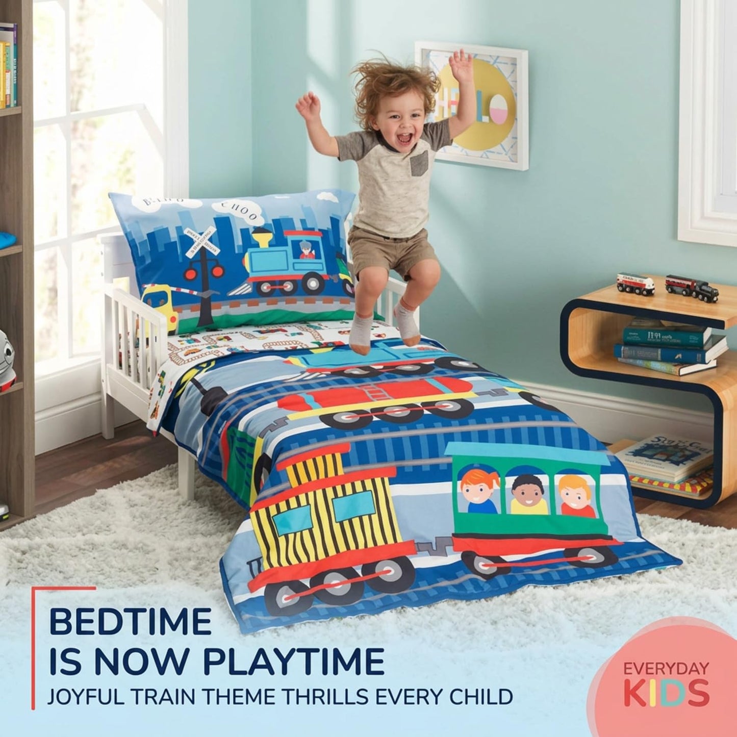 EVERYDAY KIDS Juego de cama infantil de 4 piezas -Trencito Choo Choo- Incluye edredón, sábana encimera, sábana bajera ajustable y funda de almohada reversible