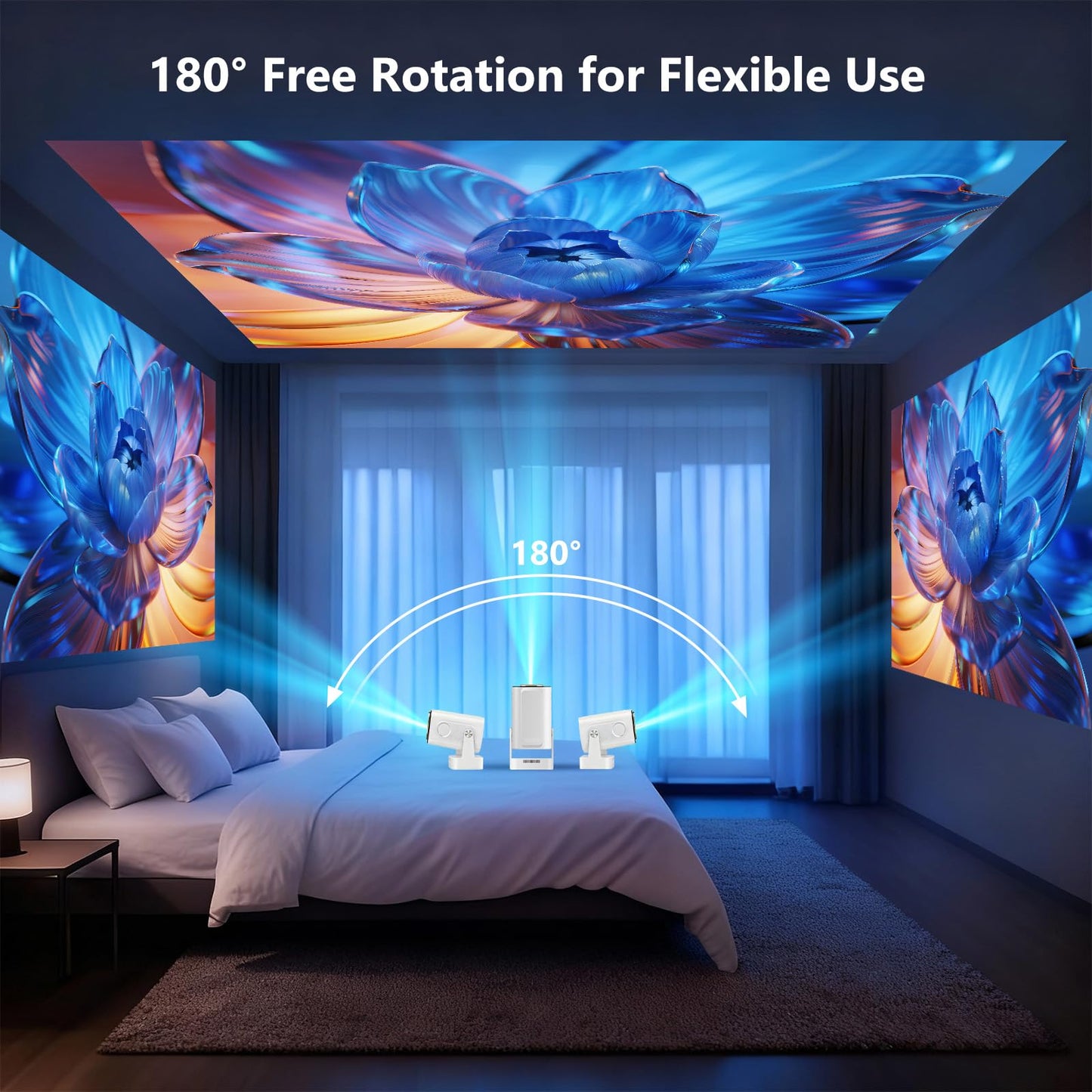 [Soporte 4K y enfoque automático] Mini proyector con WiFi 6 y Bluetooth 5.4, 4K Smart 1080P Proyector de película portátil para exteriores con aplicaciones integradas, giratorio de 180° y