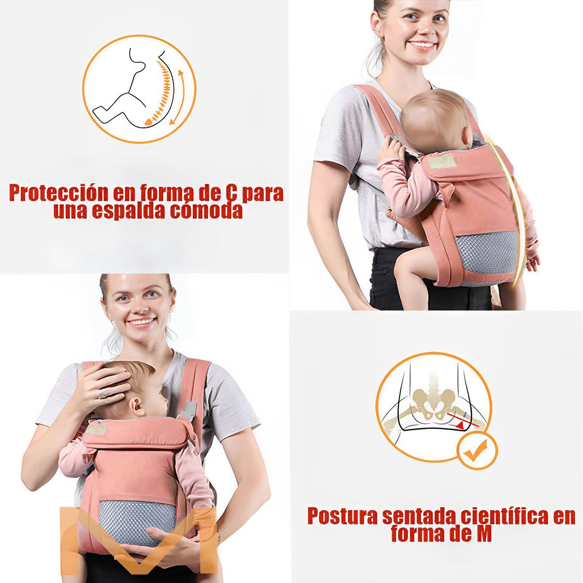 Cangurera para Bebe, Fular Ergonómico para Bebés de 0 a 36 Meses(Hasta 20 kg), Mochila Portabebés, Proteger la Cabeza, Portabebés de Algodón Ligero y Transpirable Ajustable (Rosa)