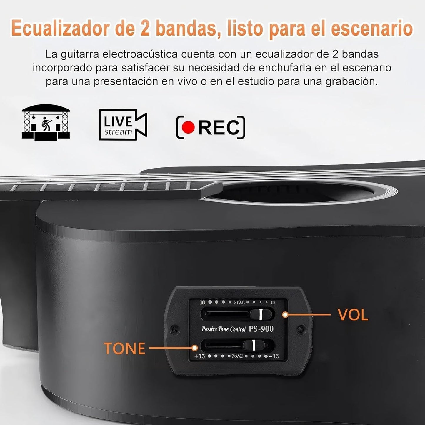 Guitarra Electrica Acustica 38", 6 Cuerdas de Metal, Cuerpo de Madera de Tilo, con Ecualizador de 4 Bandas, Incluye Funda, Afinador, Cuerdas de Repuesto y Más, Adecuada para Expertos y Principiantes