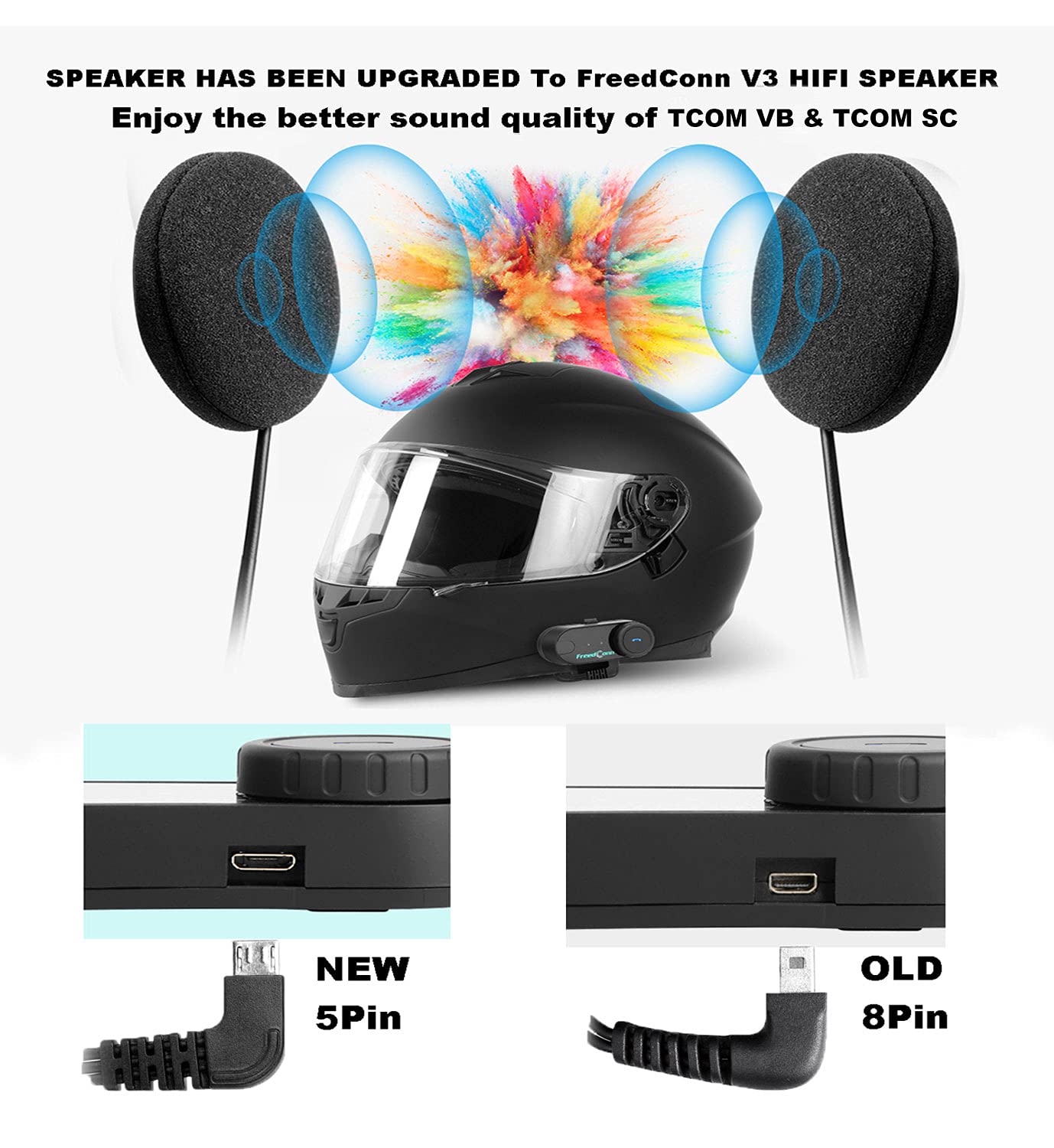 FreedConn - Micrófono de intercomunicación Bluetooth [Auriculares actualizados de 5 pines] Altavoz para KY Pro TCOM-VB/TCOM-SC (interfaz micro USB para auriculares de 5 pines)