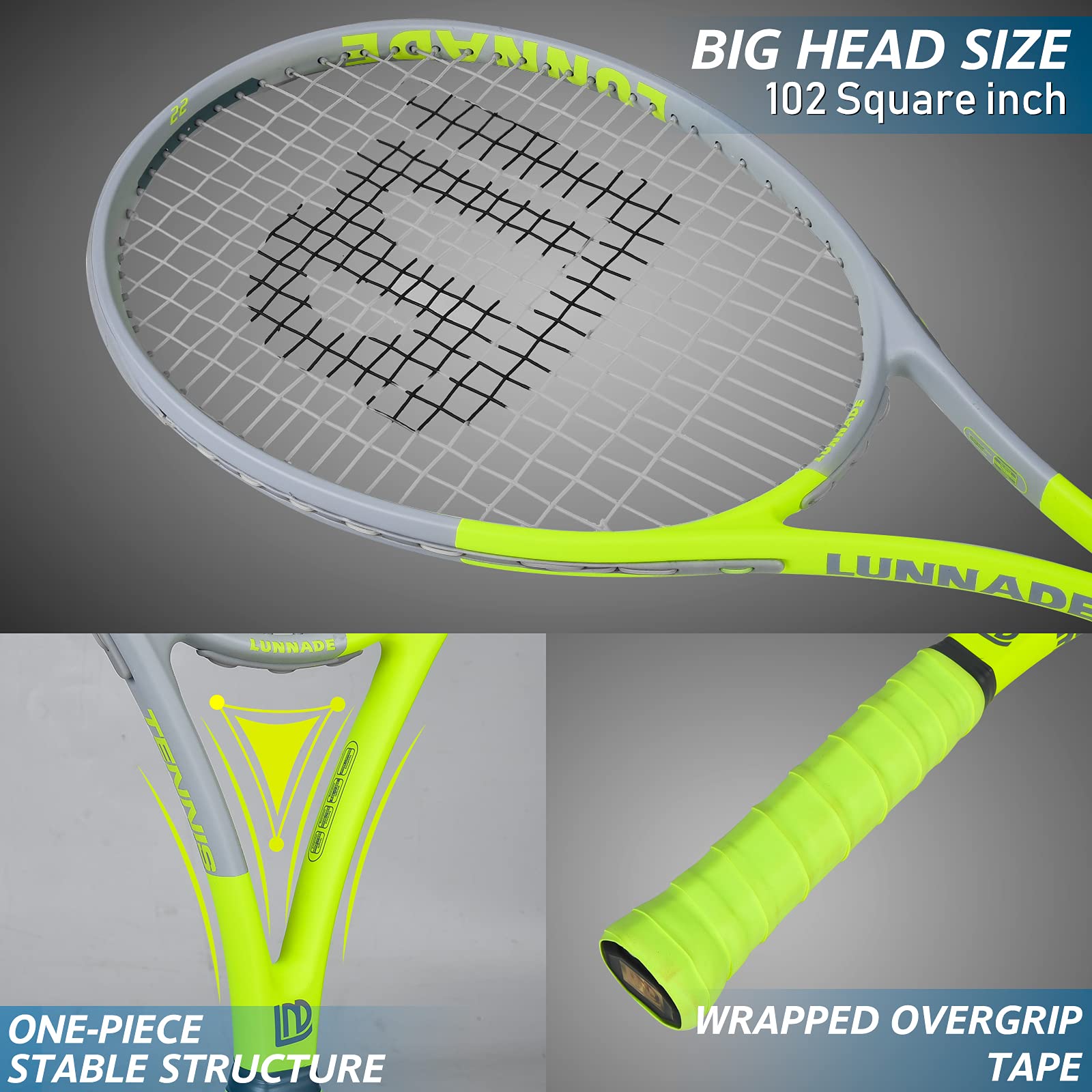 Raquetas de Tenis LUNNADE Azul con Cubierta y Regrip para Adultos 27 Pulgadas para Hombre y Mujer