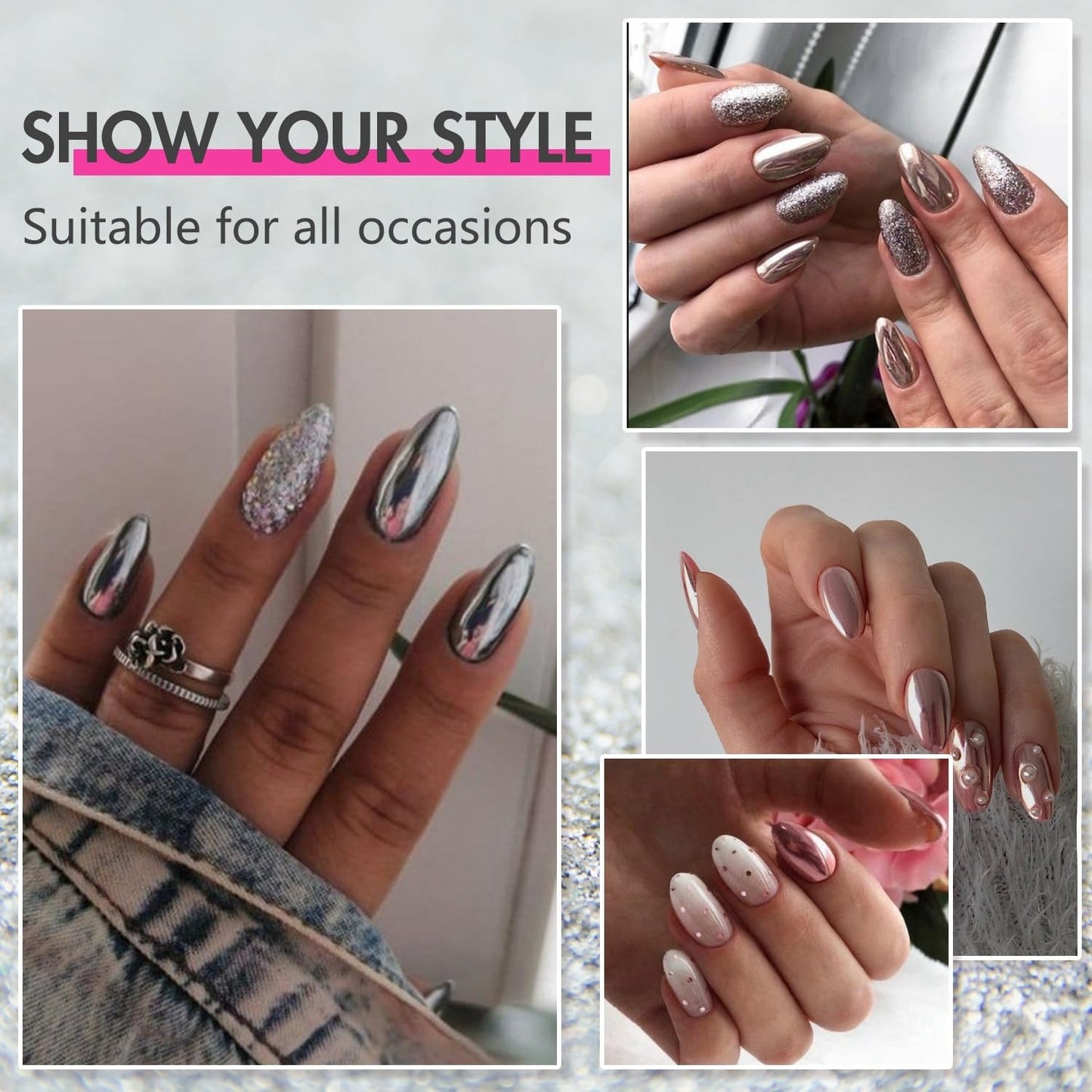 SXVME Uñas postizas cromadas ovaladas cortas, uñas postizas marrón oscuro cortas y redondas, uñas postizas con purpurina esmaltada y diseño de espejo, uñas postizas cromadas holográficas brillantes pa