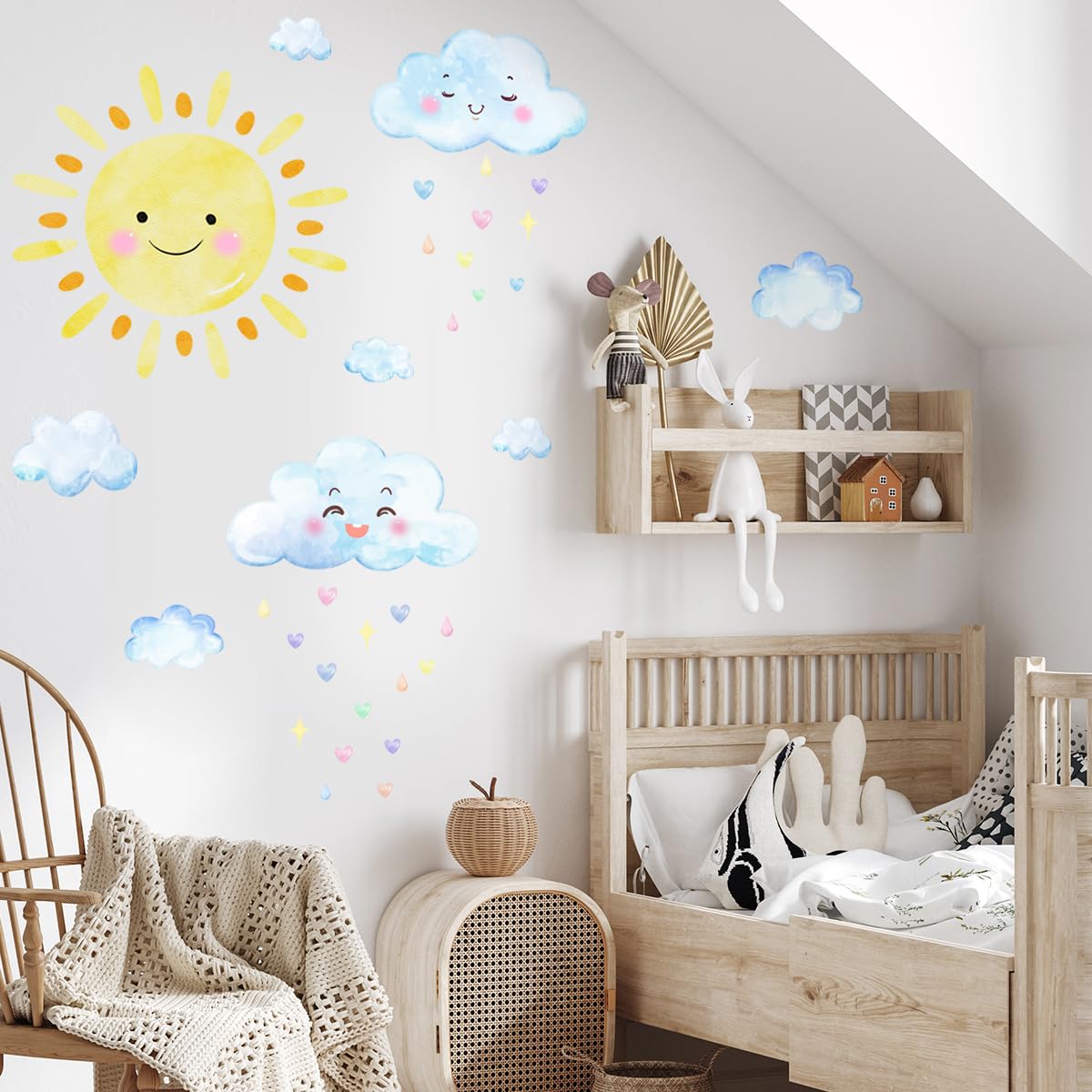 Grandes calcomanías de pared del sol, calcomanías de pared de nubes blancas de acuarela, decoración de habitación para niños y niñas, calcomanías de sol, calcomanías de pared removibles de sol y nubes