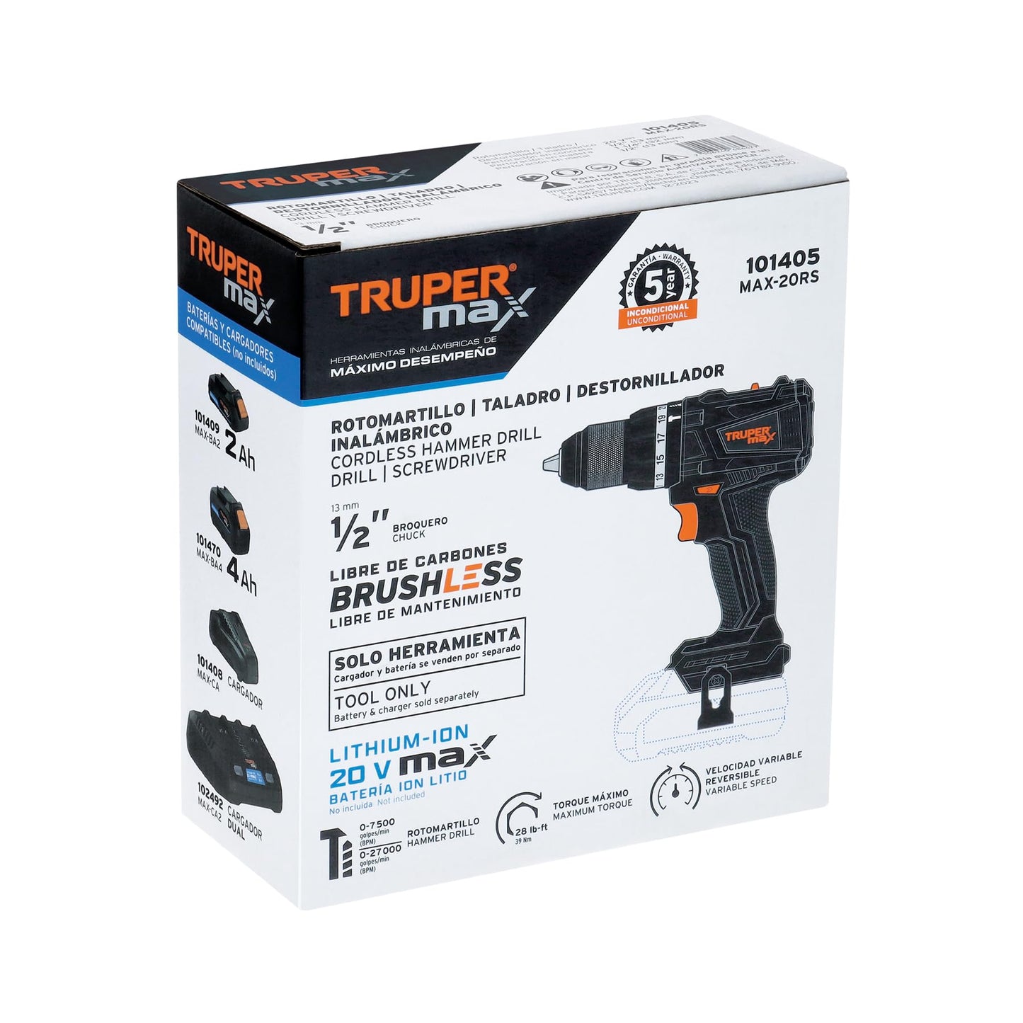 Truper Max MAX-20RS, Rotomartillo inalámbrico 1/2", motor libre de carbones (brushless), sin accesorios