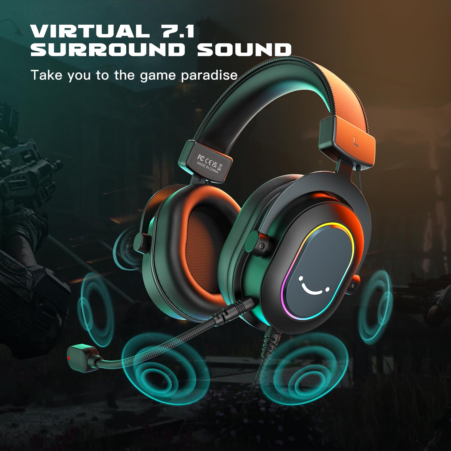 Fifine Gaming Headset for PC-Wired Headphones with Microphone-7.1 Surround Sound Computer USB Headset for Laptop, Streaming Headphones Compatible con PS4/PS5, with EQ Mode, RGB, Soft Ear Pads-H6