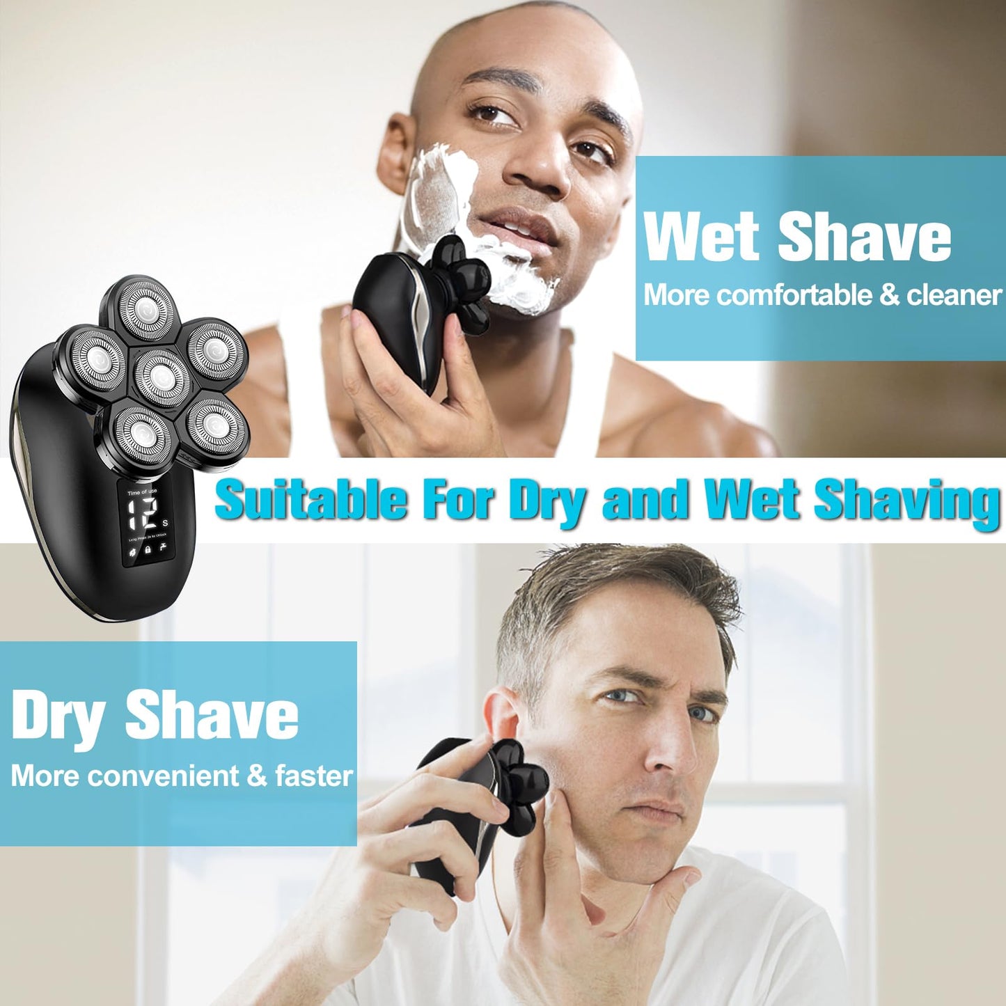 Afeitadora eléctrica para hombres, 6 en 1 para hombres, IPX7 Wet/Dry Waterproof para hombre, cabeza rotatoria con kit de afeitadoras, pantalla LED, regalos para marido, papá, novio (plata)