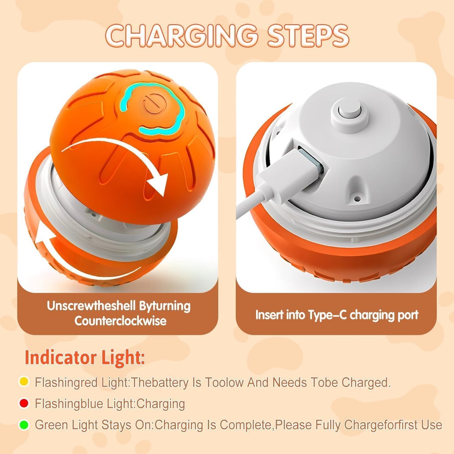 LJ-CL Pelota de Juguete para Perros Inteligente,USB Rechargeable Durable Motion Dog Toys Automatic Rolling Ball Toys for Puppy/Small/Medium/Large Dogs (Naranja)