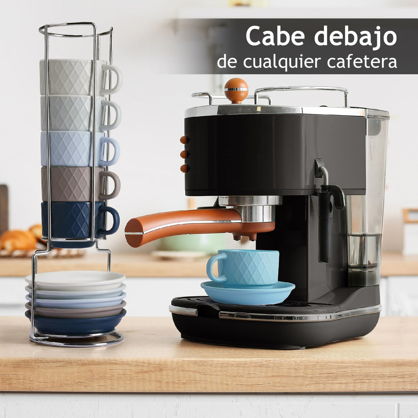 Juego Moderno de Tazas de Café Expreso MIAMIO Azul Océano con Soporte y Platillos