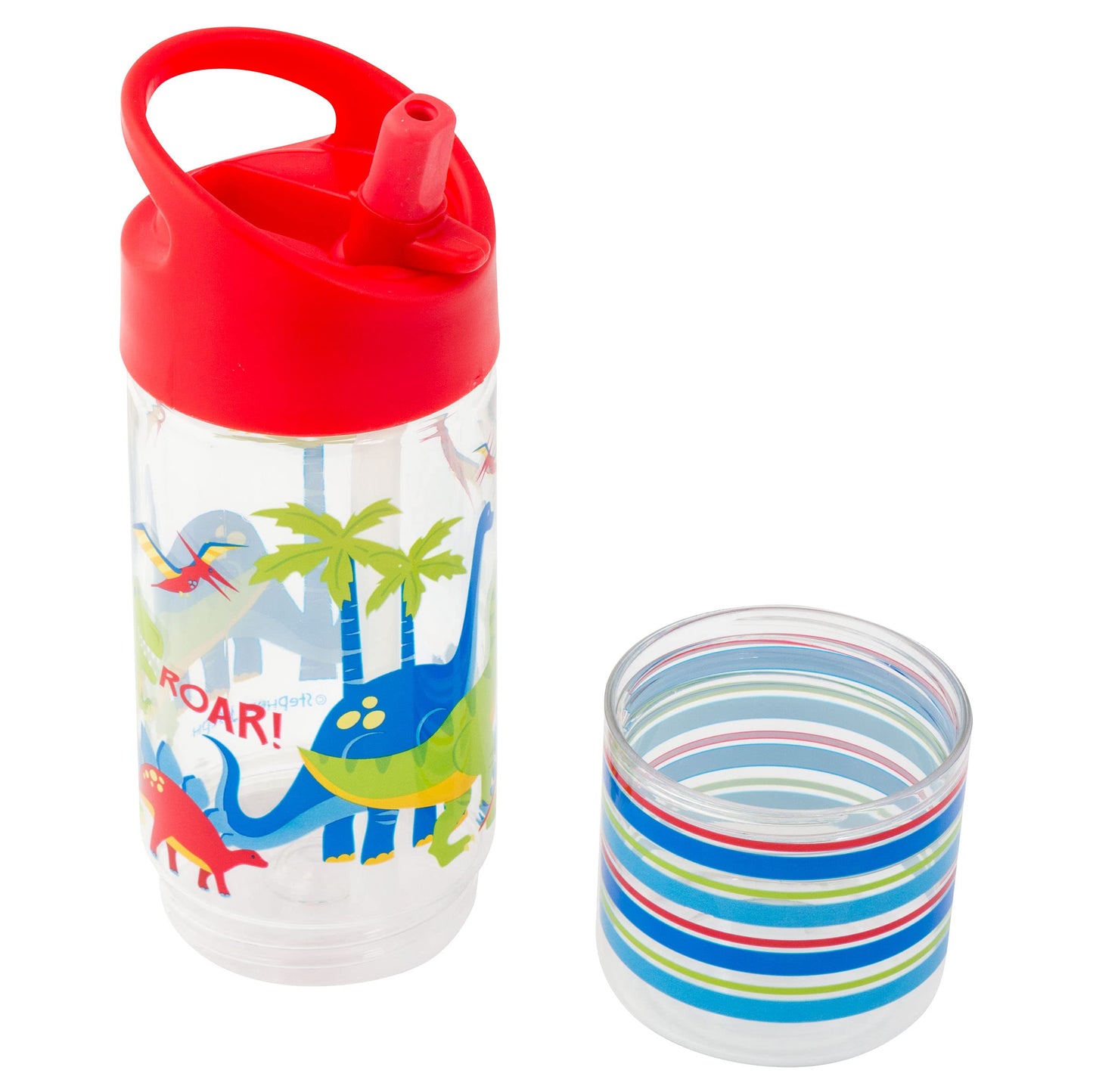 Stephen Joseph, Botella de agua para niños, 12 onzas, Dino, con aperitivos y tapa abatible, para escuela y actividades al aire libre