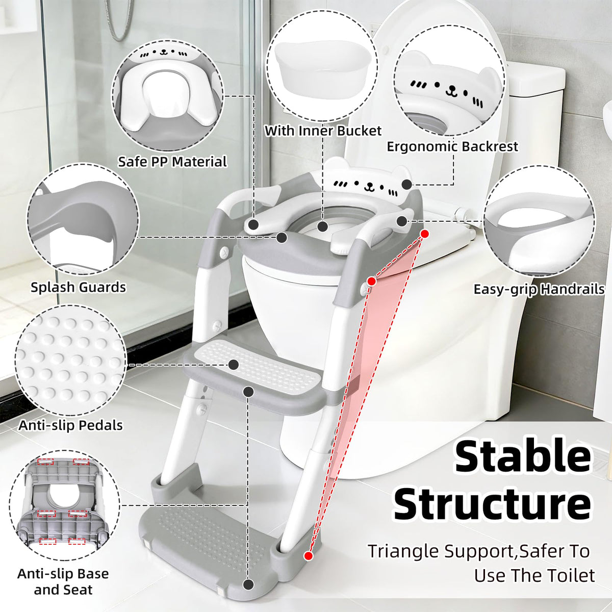 Asiento de entrenamiento para ir al baño, asiento de inodoro para niños y niñas, inodoro 3 en 1 con taburete de escalón, antideslizante plegable (gris + blanco)