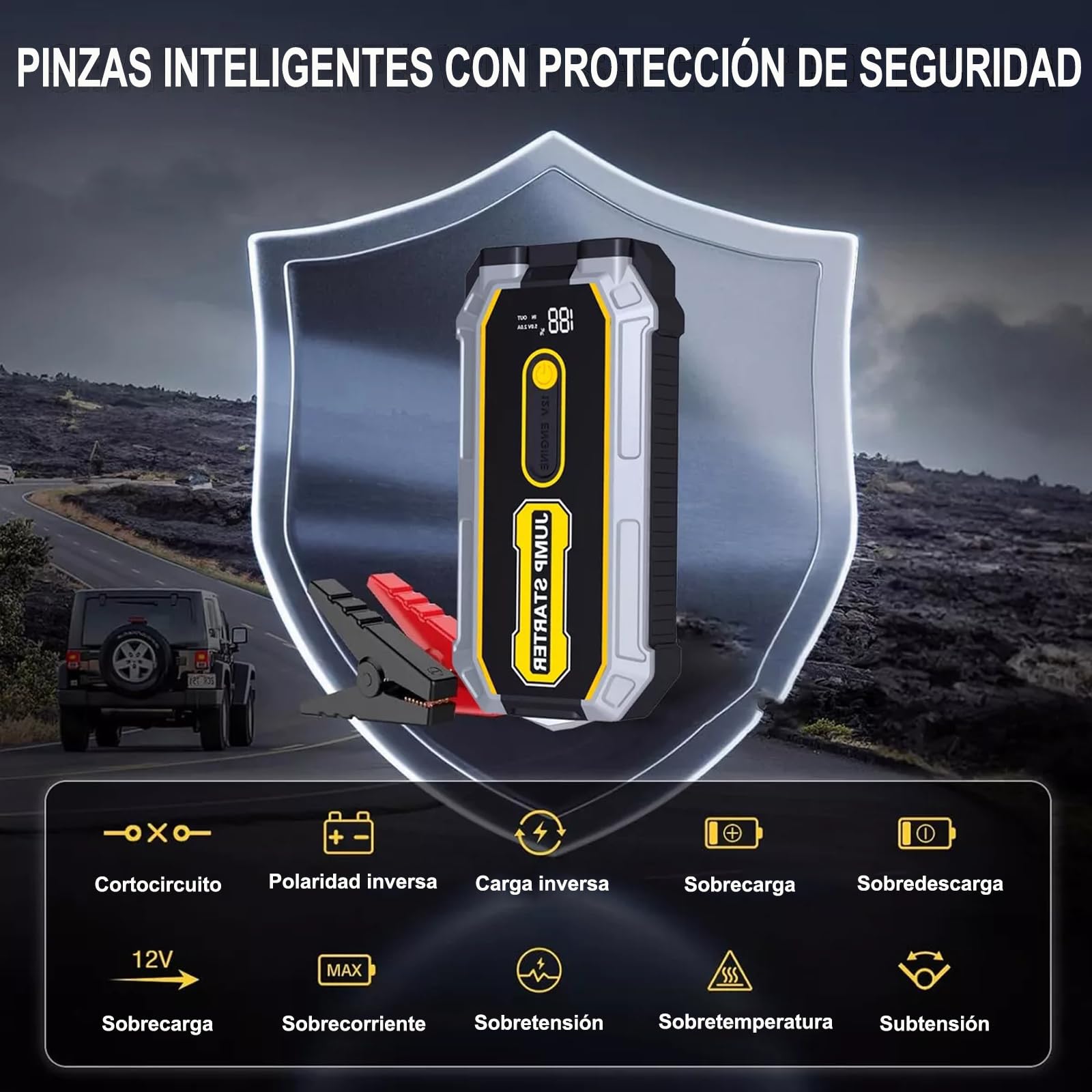 Arrancador de Batería de Coche de 3000A, Arrancador de Baterias LCD Portátil, Arrancador de Baterias de Auto con Pantalla Digital Carga Rápida USB y Linterna, para Vehículos de Gasolina/Diésel de 12V