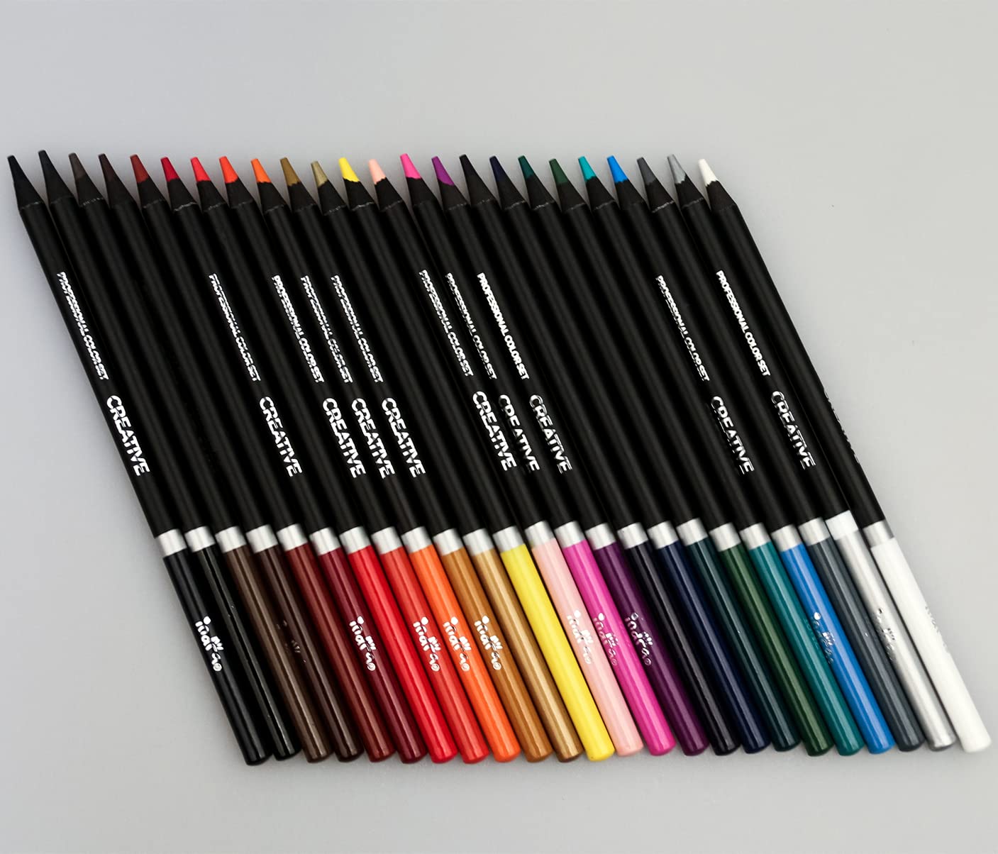 IND-0276 Professional Color Set Indra 24 Lápices Diferentes Colores +4 Adicionales Bicolores Colores Metálicos Neón Sacapuntas Incluido Cuerpo Redondo Madera Negra