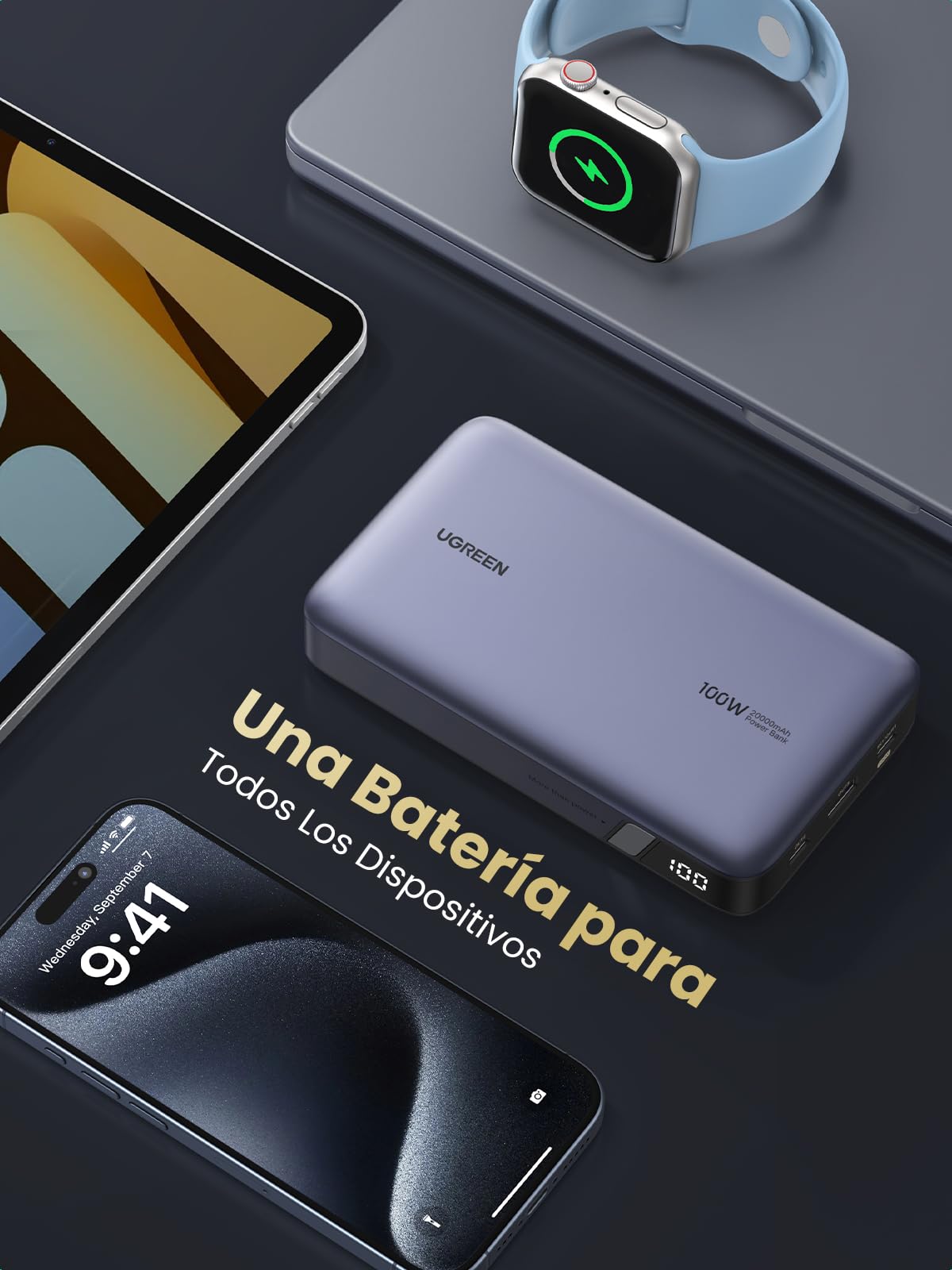 Power Bank UGREEN Negro Carga Rápida 100W 20000mAh USB C con 3 Puertos y Pantalla Digital