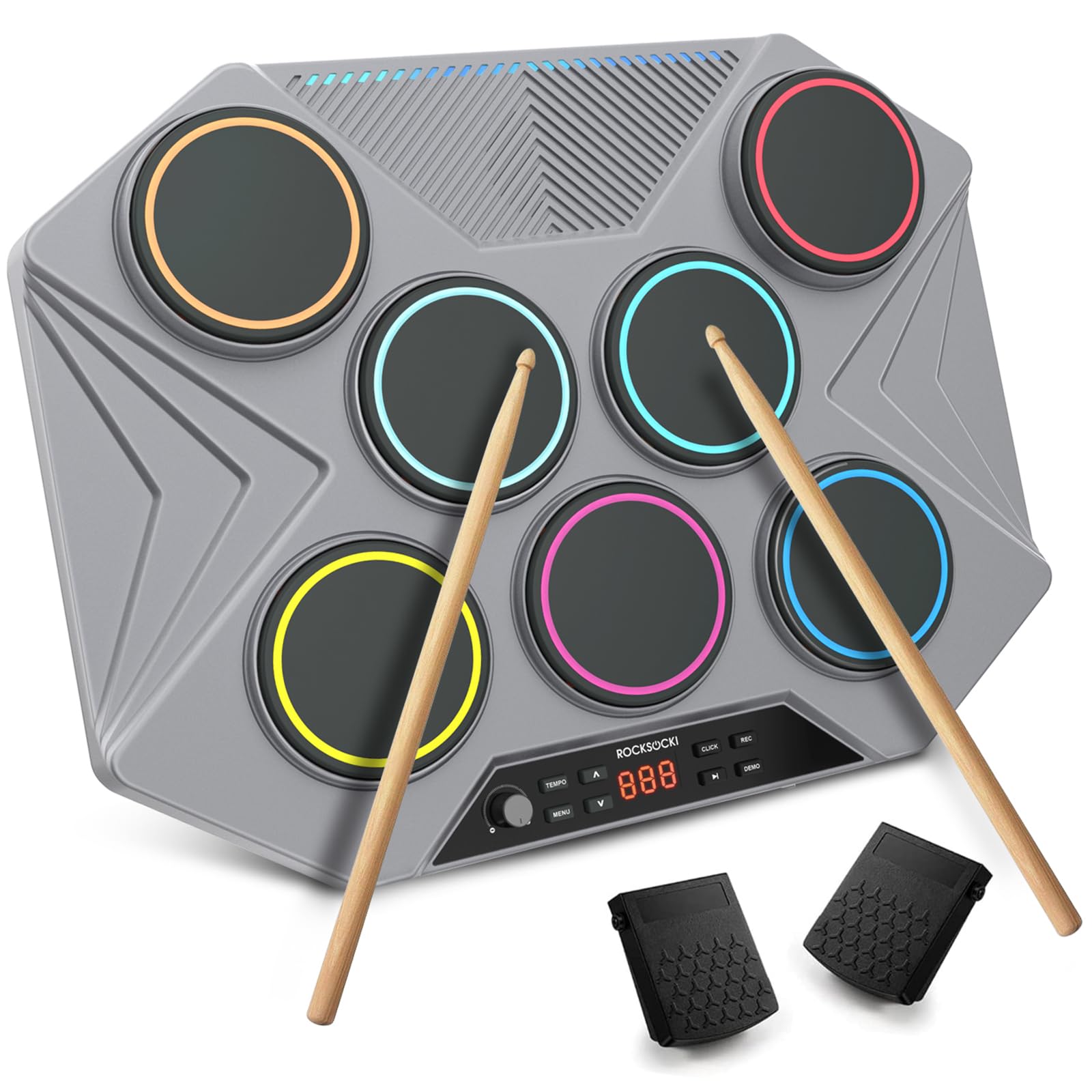 Juego de Batería Electrónica ROCKSOCKI Negra con 7 Almohadillas Sensibles y Luz LED para Mac y PC