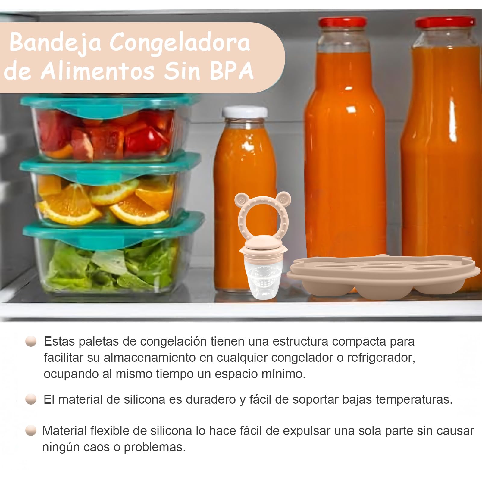 EHRHDKNS Bandeja Congeladora de Alimentos para Bebés Sin BPA, Adecuado para la Introducción Segura de Alimentos, Fruta y Papillas a Partir de los 4 Meses, Fortalece los Dientes del Bebé y le Ayuda a Comer Sano (Beige, Sonriente)