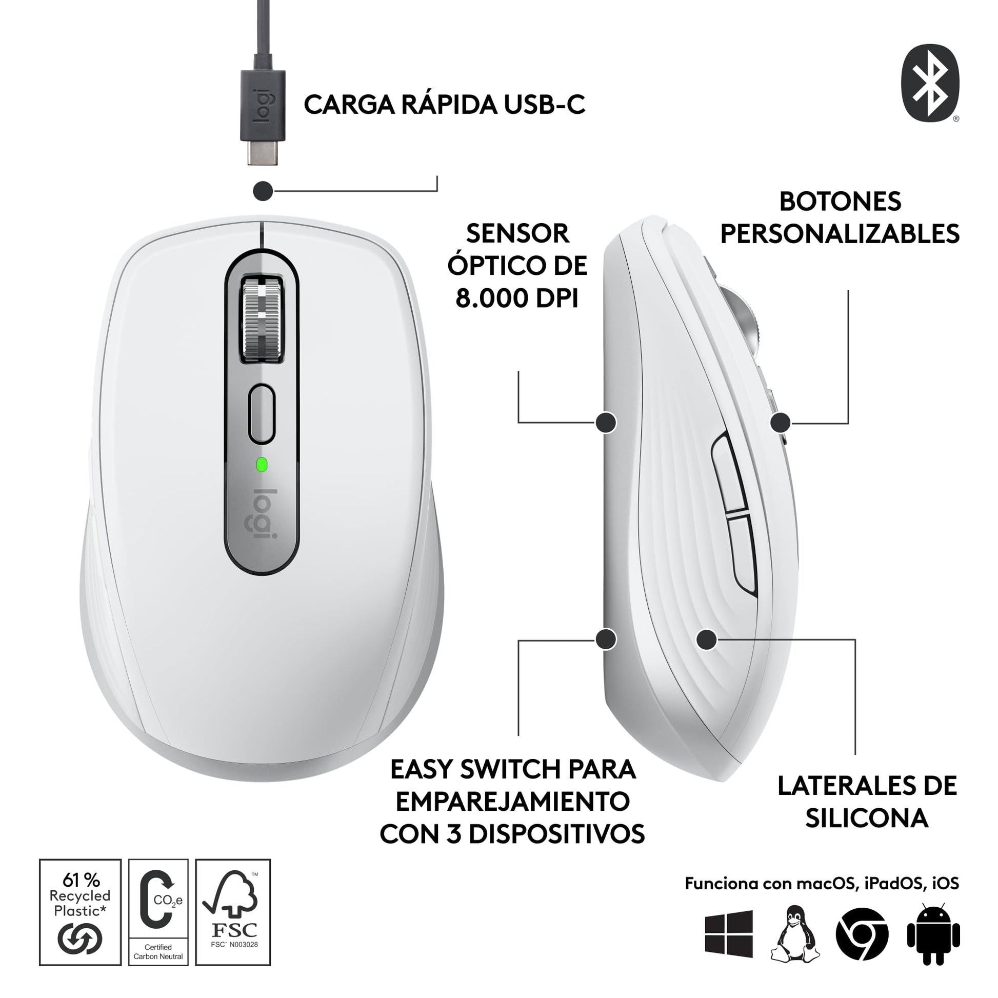Logitech MX Anywhere 3S Compact Mouse inalámbrico, Desplazamiento Veloz en Todos Lados, dpi 8K, silencioso, Botones programables, USB C, Bluetooth, Windows PC, Linux, Chrome, Mac - Paleo Grey