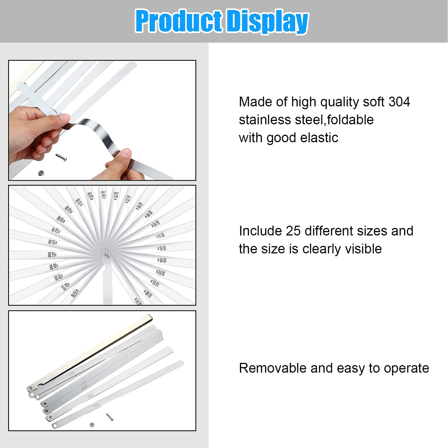 Herramienta de medición de calibre de acero inoxidable con doble marca métrica e imperial (0.038-1.02 mm, 25 cuchillas)