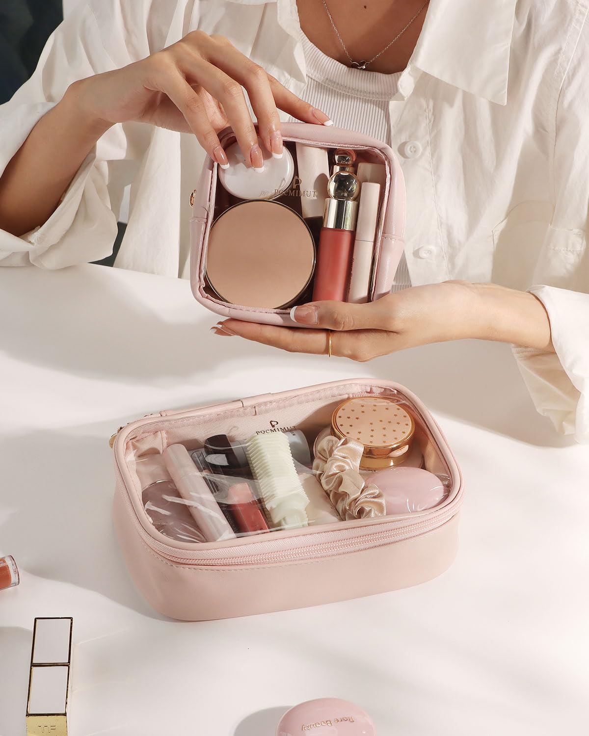 Pocmimut Bolsa de maquillaje,mini bolsa de maquillaje,bolsa organizadora,artículos esenciales de viaje, bolsa de maquillaje transparente para accesorios de coche para mujeres,Rosa