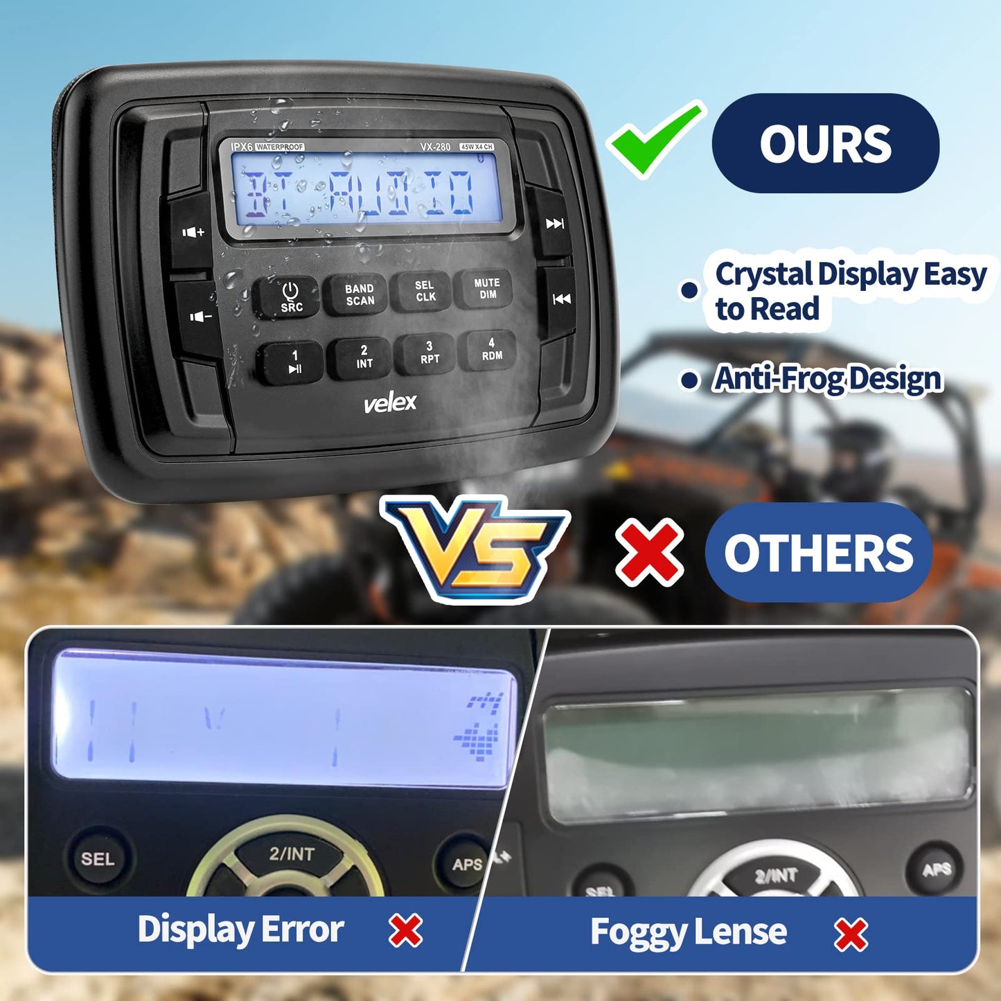 Radio Estéreo Velex Powersport Marine Bluetooth Blanco con Sintonizador AM FM para UTV ATV