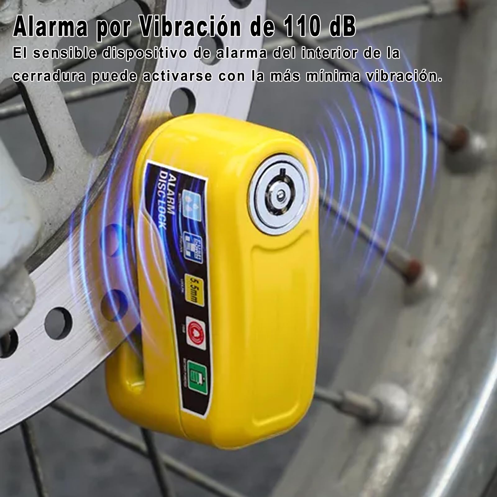 Candado para Motocicleta y Bicicleta,Candado para Motocicleta Universal con Alarma de 110dB Impermeable IP65 Seguro Antirrobo con Motocicleta Bicicleta etc Vehículos con Llanta de Disco