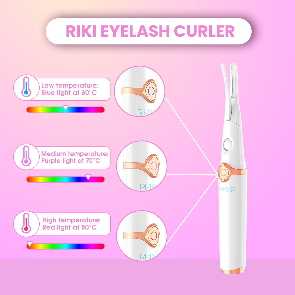 RIKI LOVES RIKI Rizador de pestañas - Calentado con temperatura ajustable | Rizador eléctrico de pestañas con carga USB, color blanco