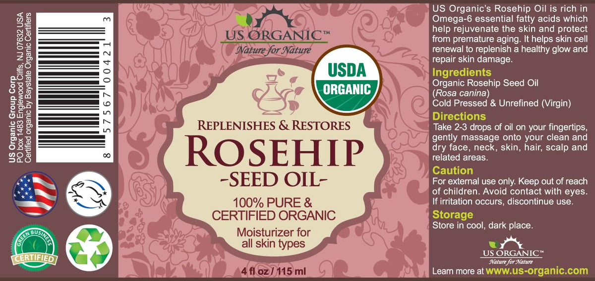 US Organic Aceite de Rosa Mosqueta Orgánico USDA, Prensado en Frío, 115 ml