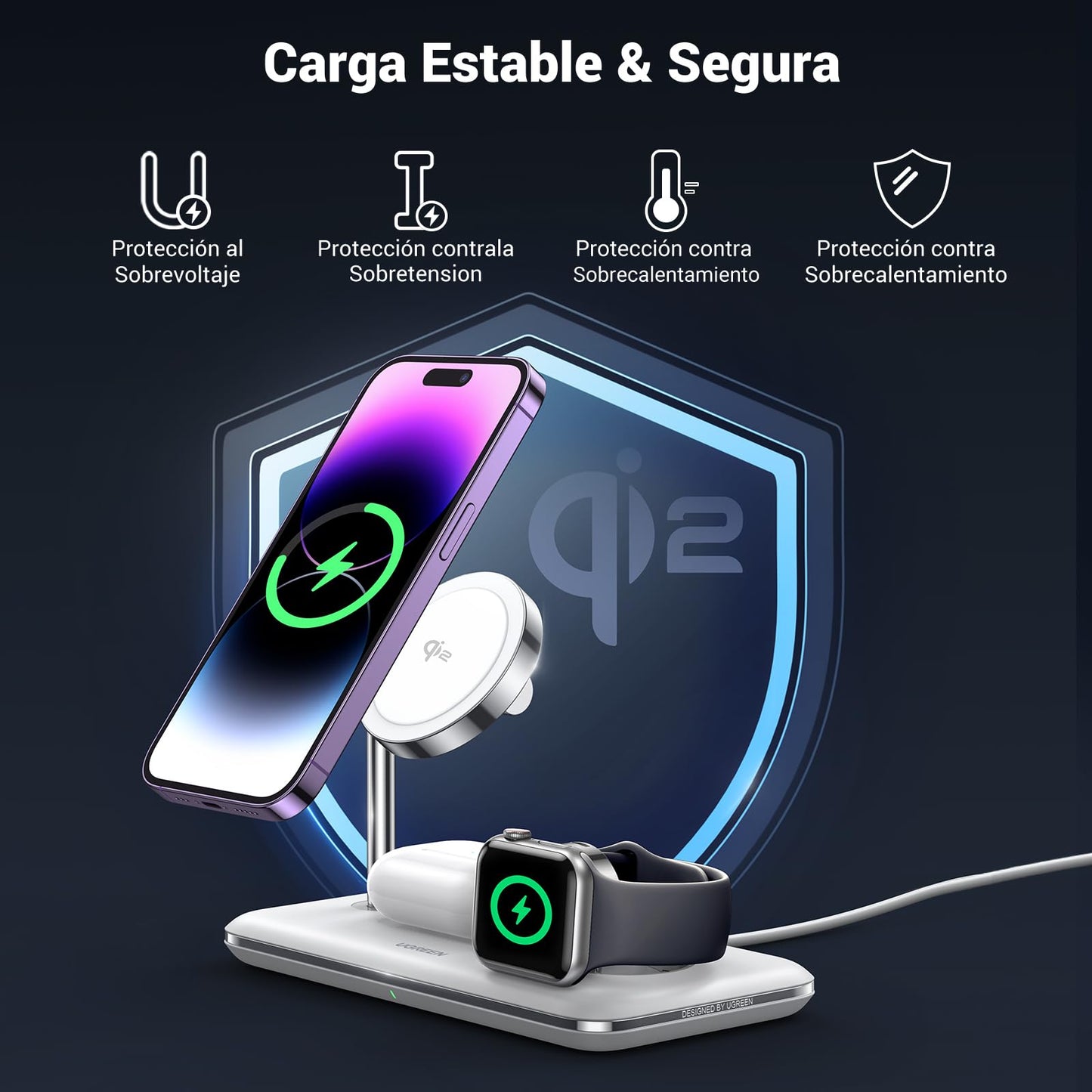 Cargador Inalámbrico 3-en-1 UGREEN Blanco MagSafe 25W Carga Rápida para iPhone, iWatch y AirPods