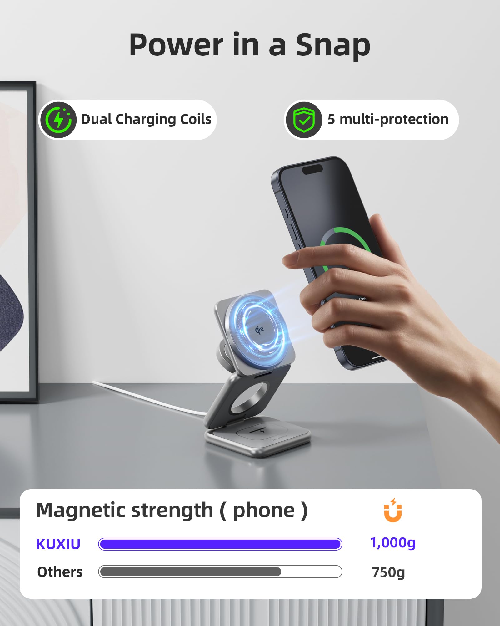 Estación de Carga 3 en 1 KU XIU X40Q Plata con Soporte Magnético Inalámbrico para iPhone y Apple Watch